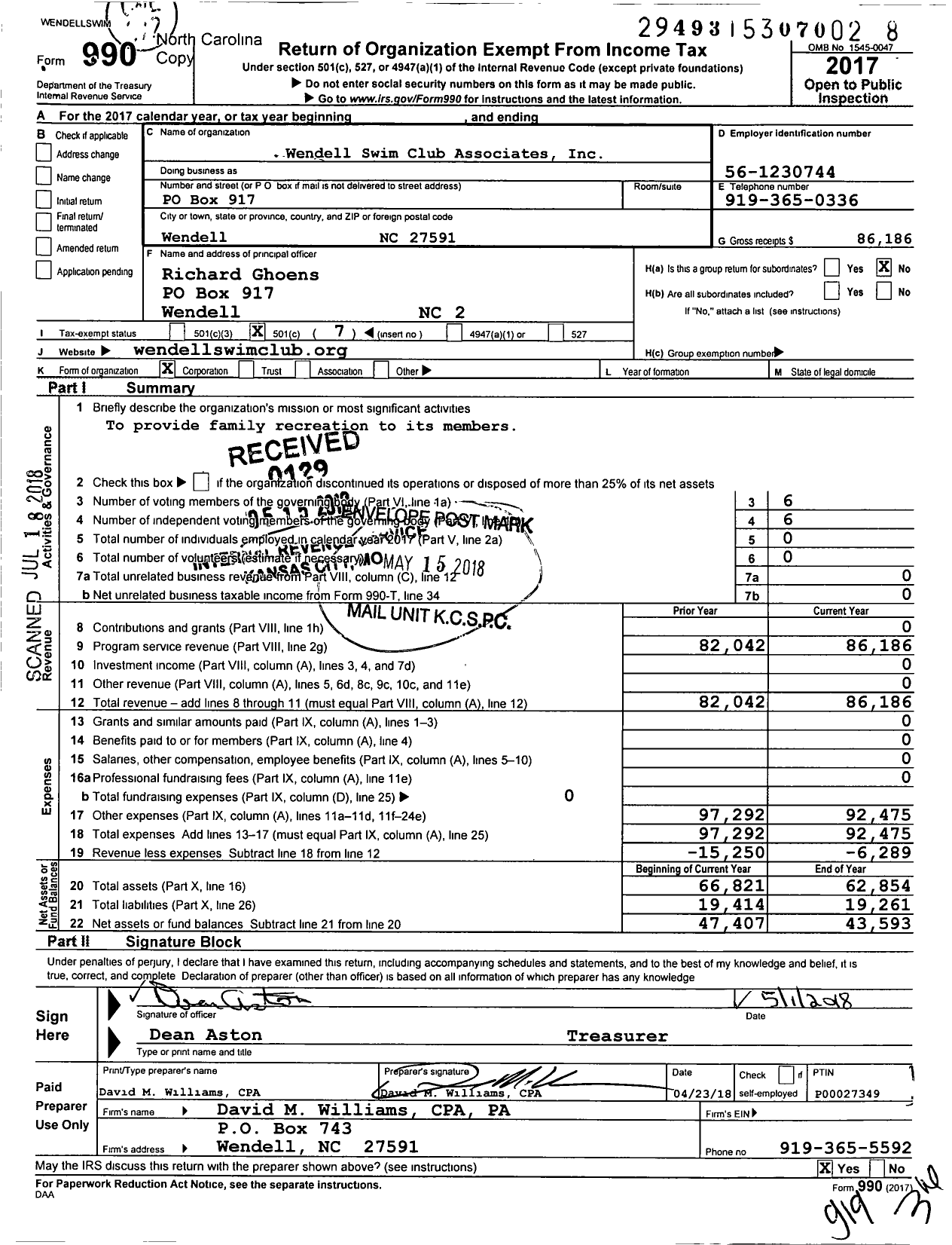Image of first page of 2017 Form 990O for Wendell Swim Club Associates