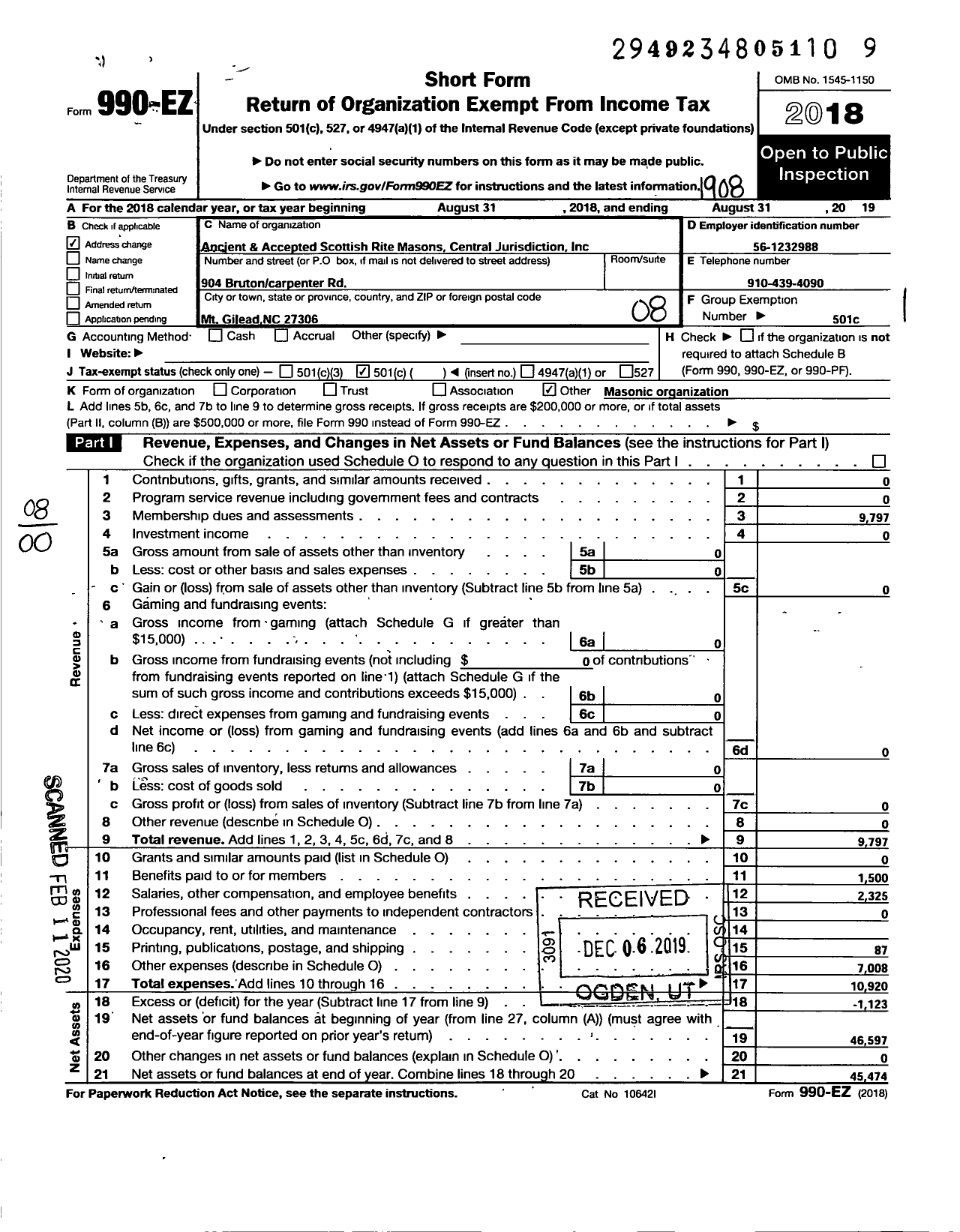 Image of first page of 2018 Form 990EO for Ancient and Accepted Scottish Rite Masons Central Jurisdiction