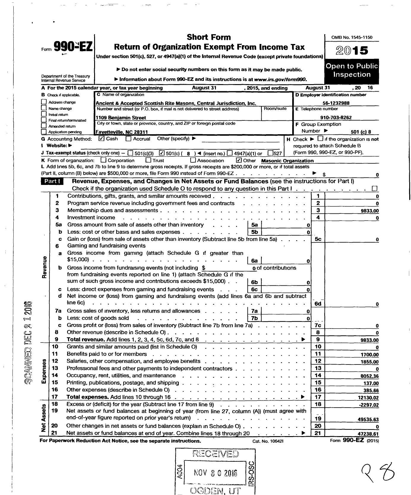 Image of first page of 2015 Form 990EO for Ancient and Accepted Scottish Rite Masons Central Jurisdiction