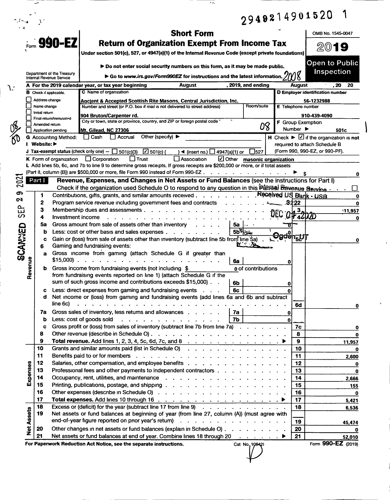 Image of first page of 2019 Form 990EO for Ancient and Accepted Scottish Rite Masons Central Jurisdiction