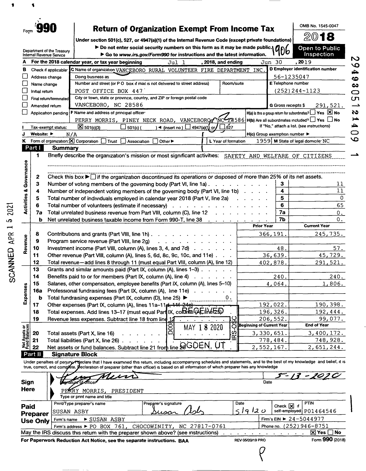 Image of first page of 2018 Form 990 for Vanceboro Rural Volunteer Fire Department