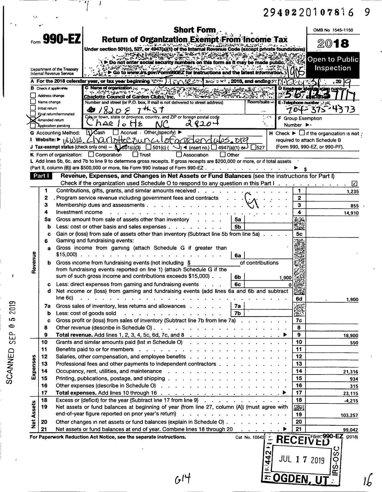 Image of first page of 2018 Form 990EZ for Charlotte Council of Garden Clubs