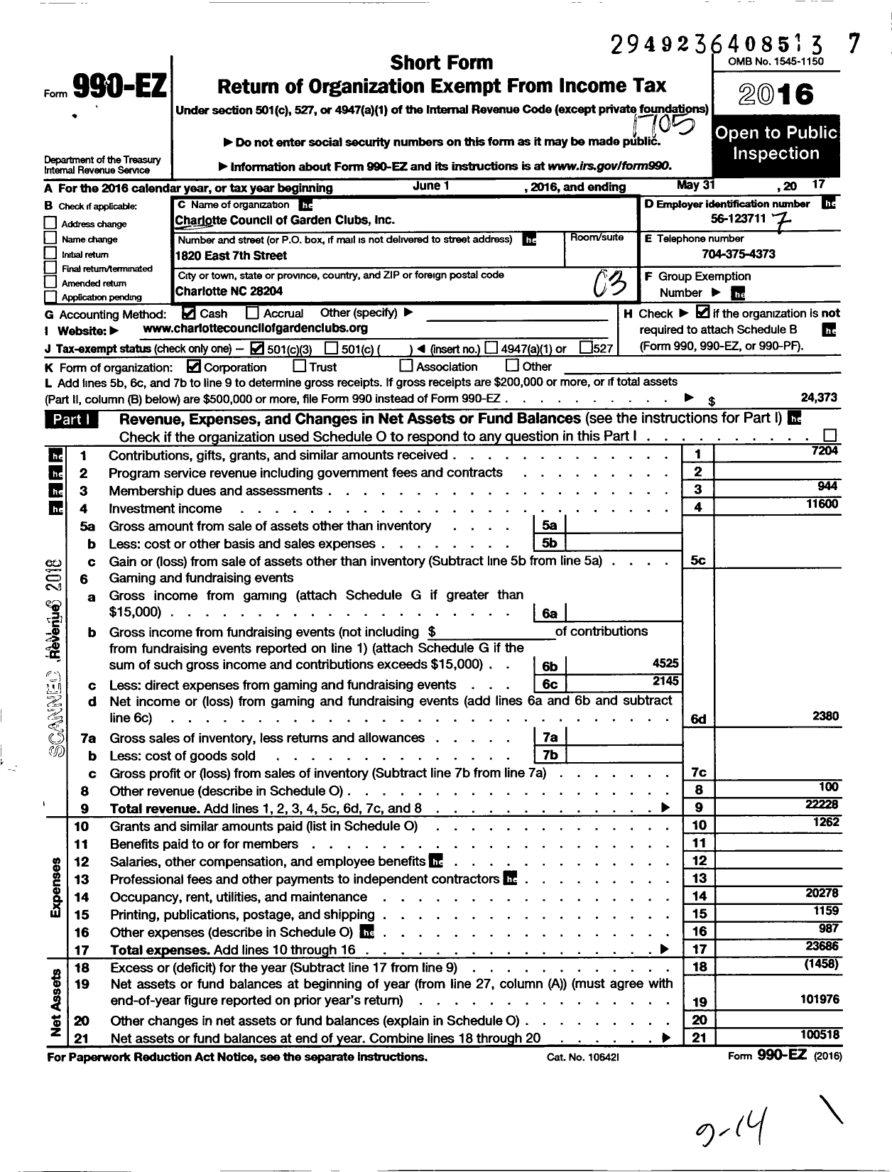 Image of first page of 2016 Form 990EZ for Charlotte Council of Garden Clubs