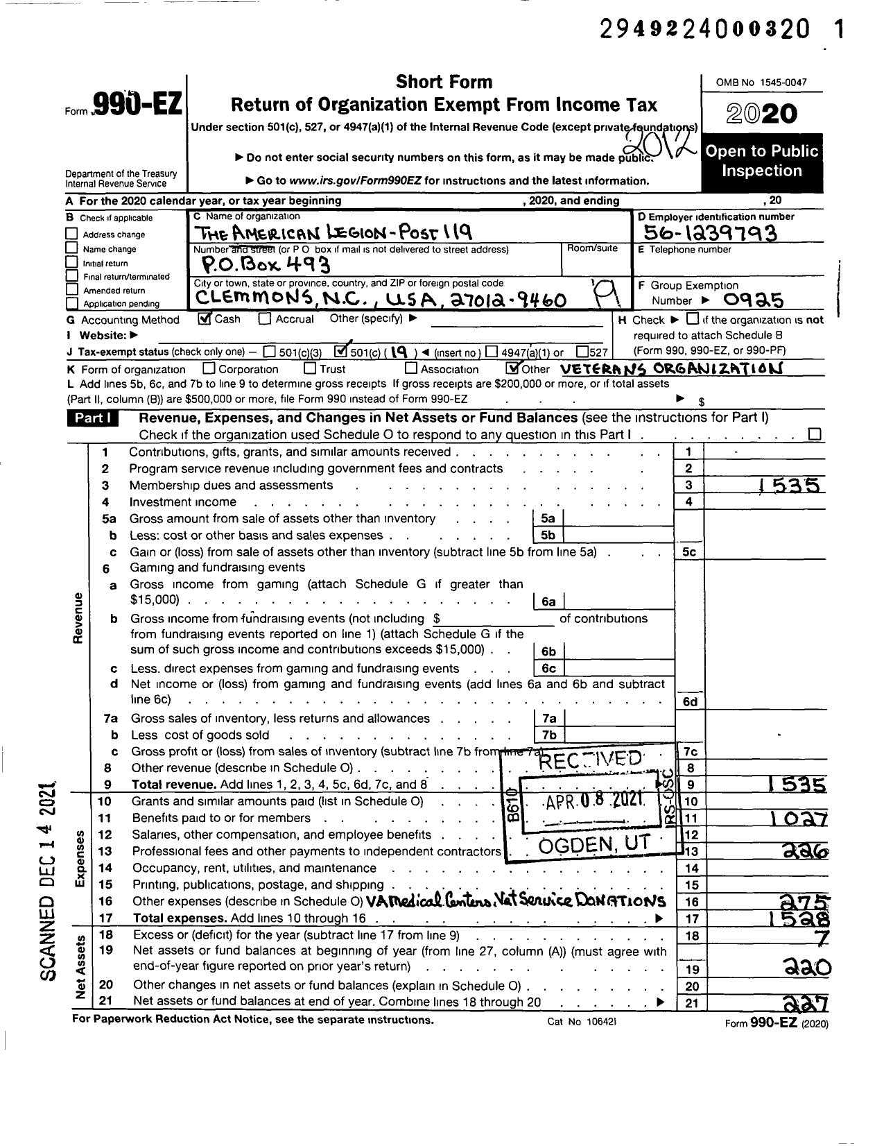 Image of first page of 2020 Form 990EO for AMERICAN LEGION - 119 Clemmons