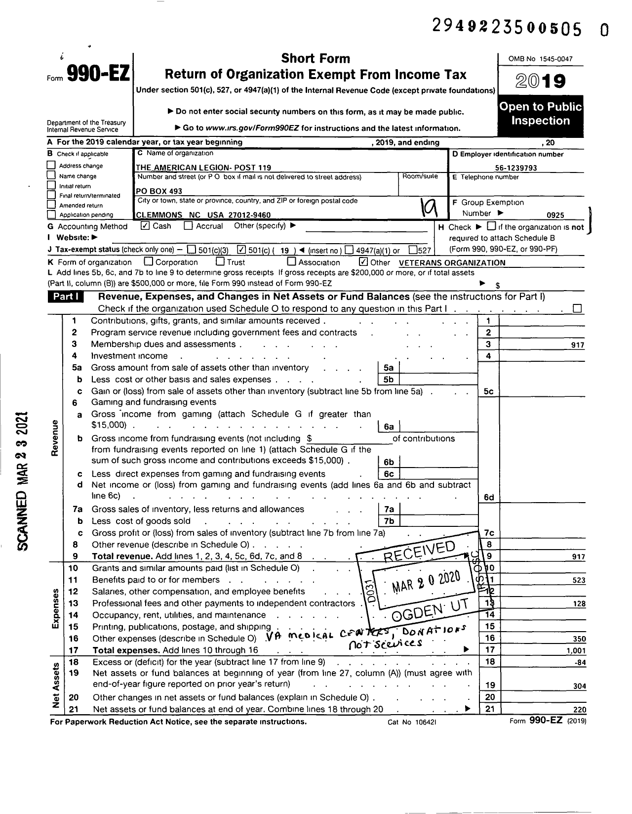 Image of first page of 2019 Form 990EO for AMERICAN LEGION - 119 Clemmons