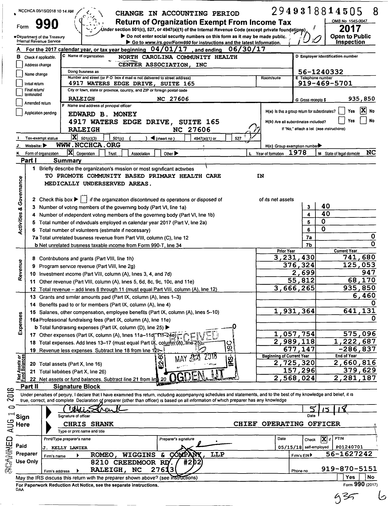 Image of first page of 2016 Form 990 for North Carolina Community Health Center Association (NCCHCA)