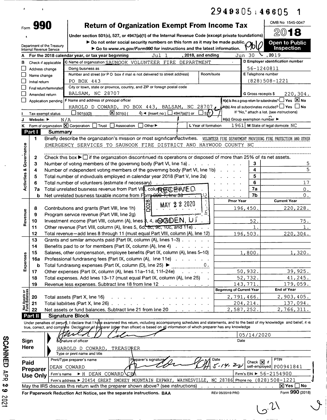 Image of first page of 2018 Form 990O for Saunook Volunteer Fire Department