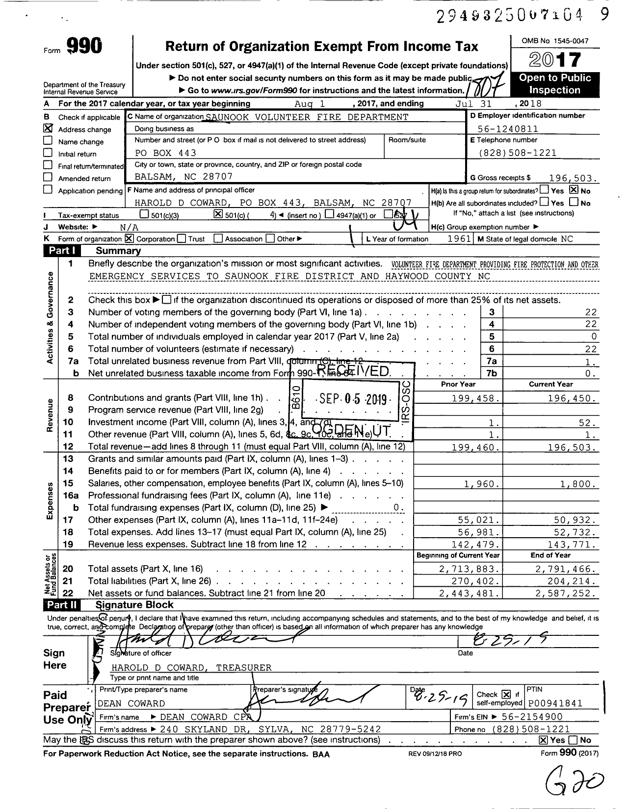 Image of first page of 2017 Form 990O for Saunook Volunteer Fire Department