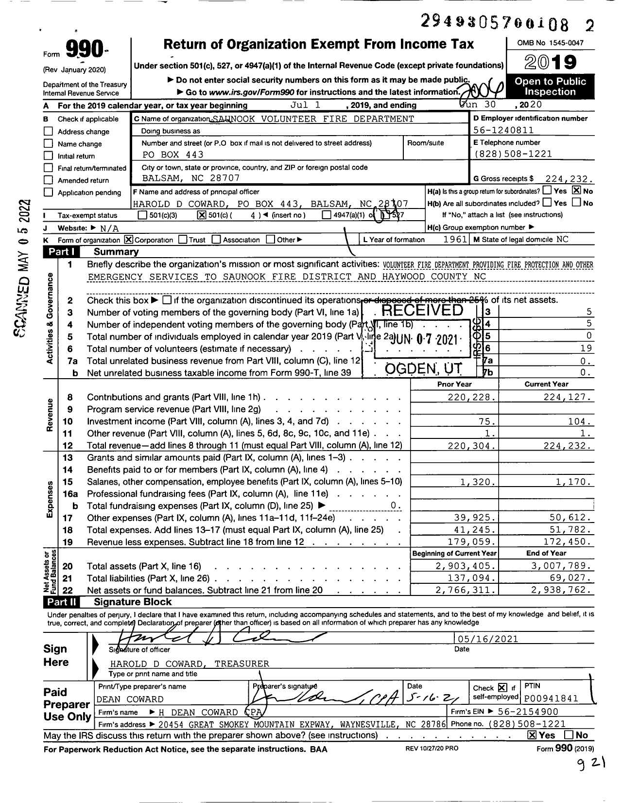 Image of first page of 2019 Form 990O for Saunook Volunteer Fire Department