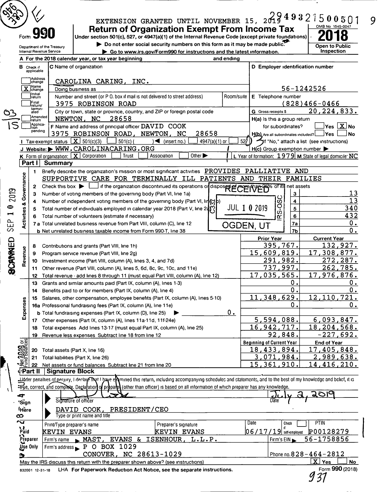 Image of first page of 2018 Form 990 for Carolina Caring