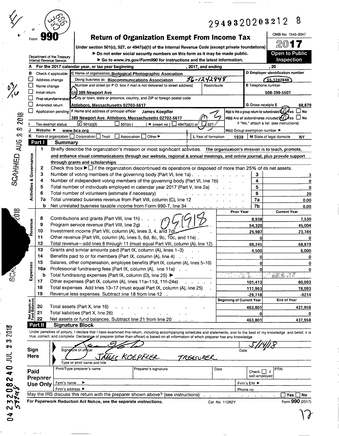 Image of first page of 2017 Form 990 for Biological Photographic Association