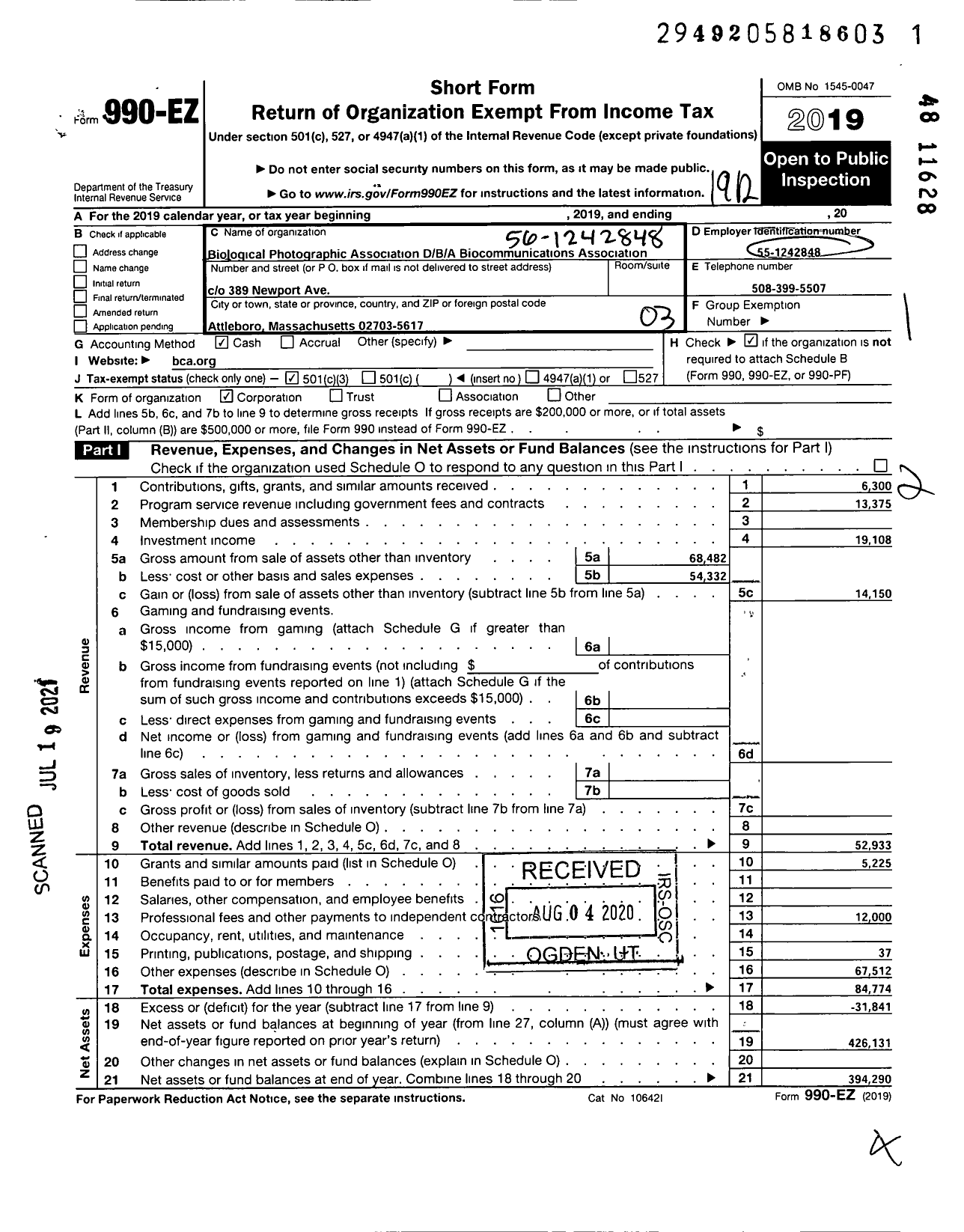 Image of first page of 2019 Form 990EZ for Biological Photographic Association