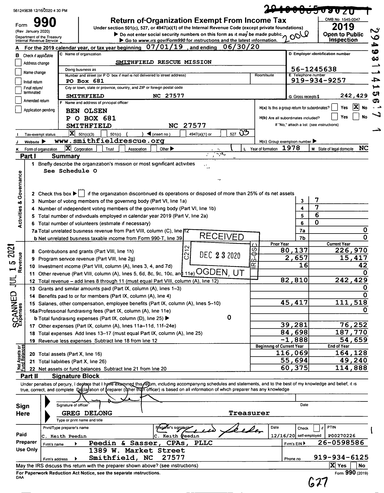 Image of first page of 2019 Form 990 for Smithfield Rescue Mission