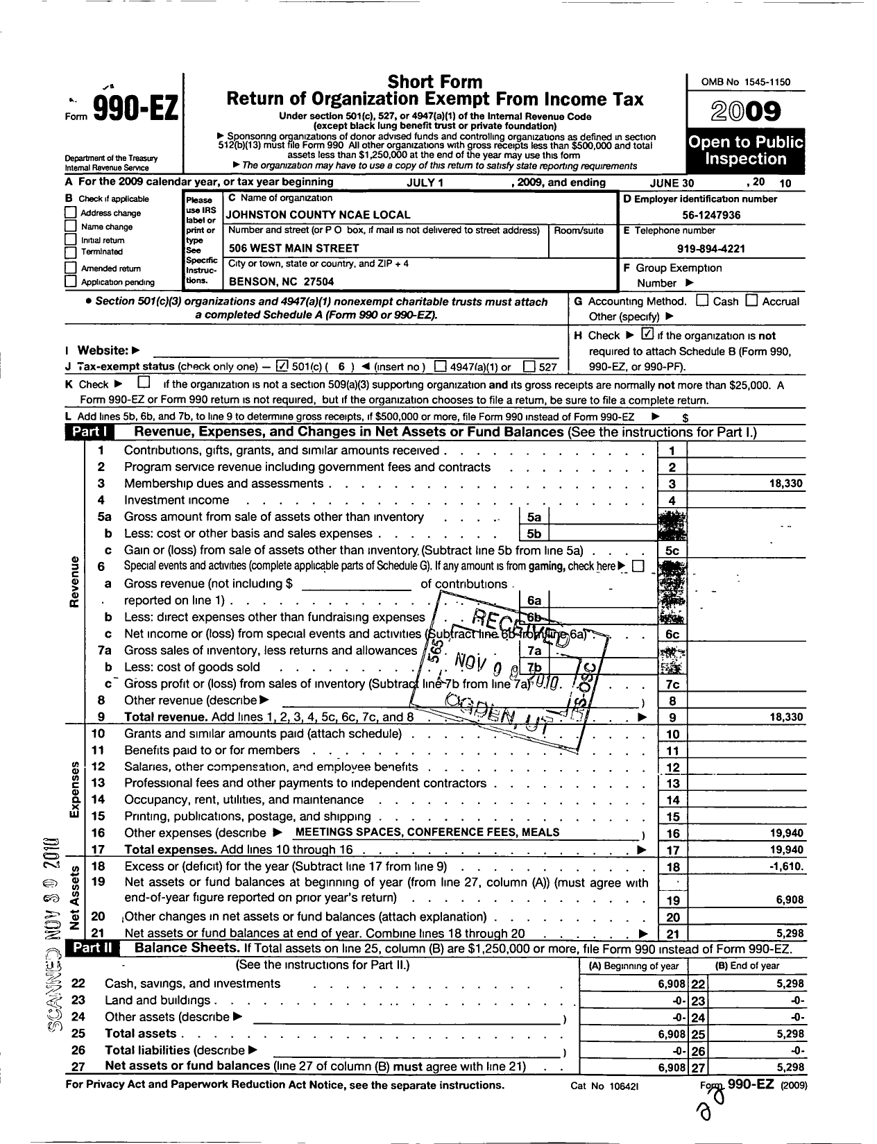 Image of first page of 2009 Form 990EO for Johnston County Association of Educators