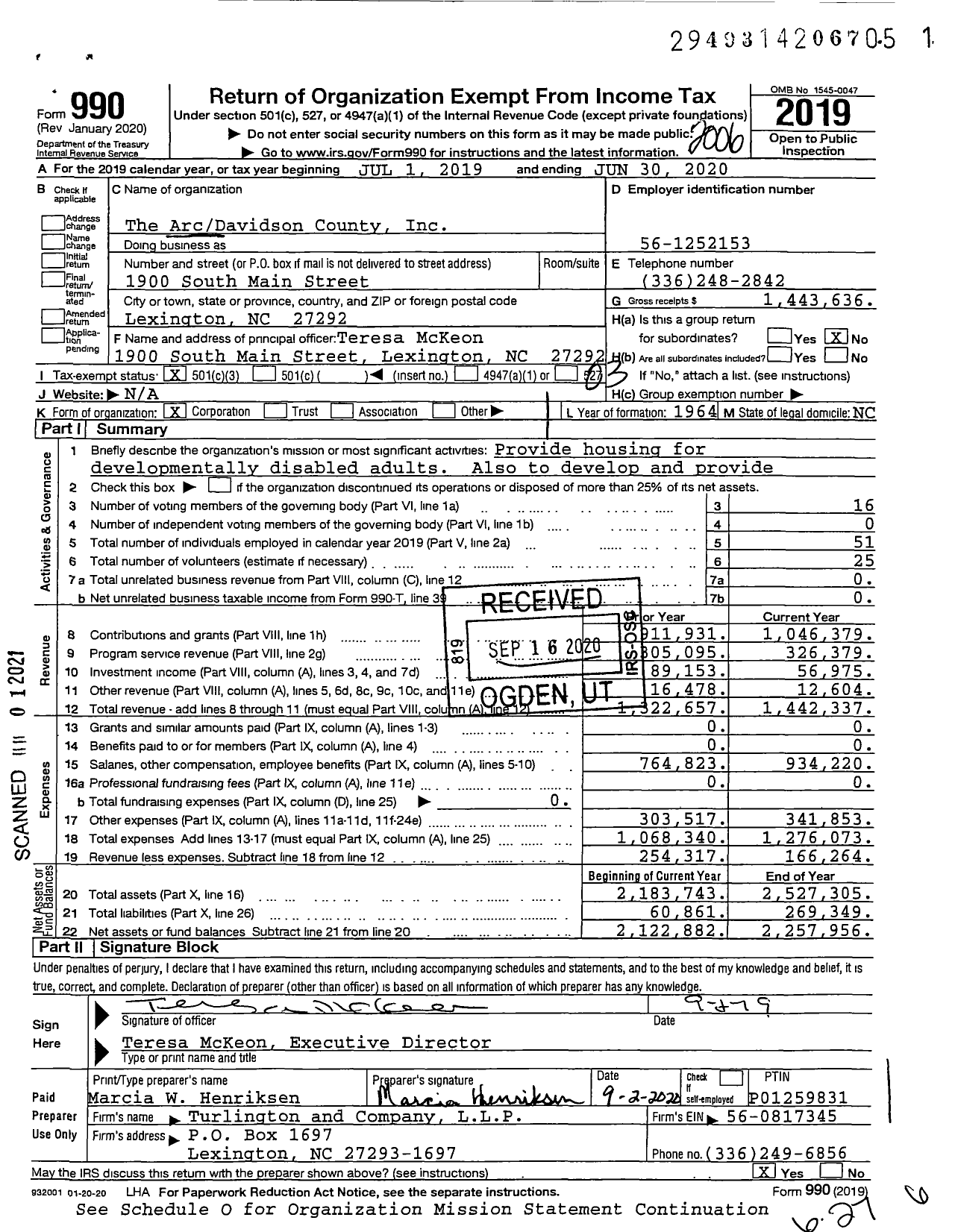 Image of first page of 2019 Form 990 for The ArcDavidson County