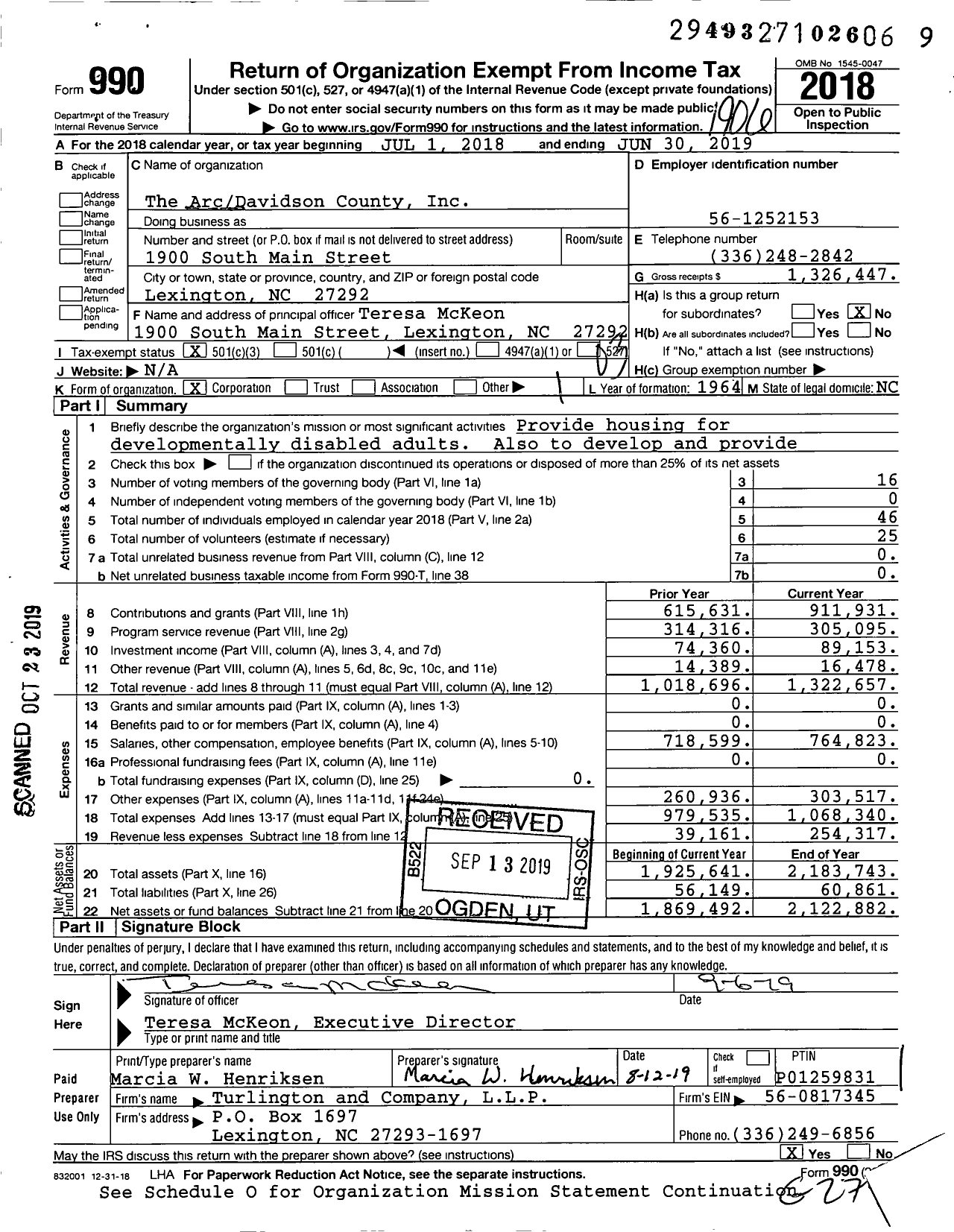 Image of first page of 2018 Form 990 for The ArcDavidson County