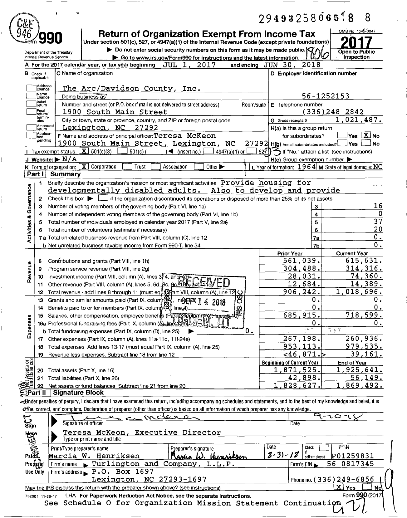 Image of first page of 2017 Form 990 for The ArcDavidson County