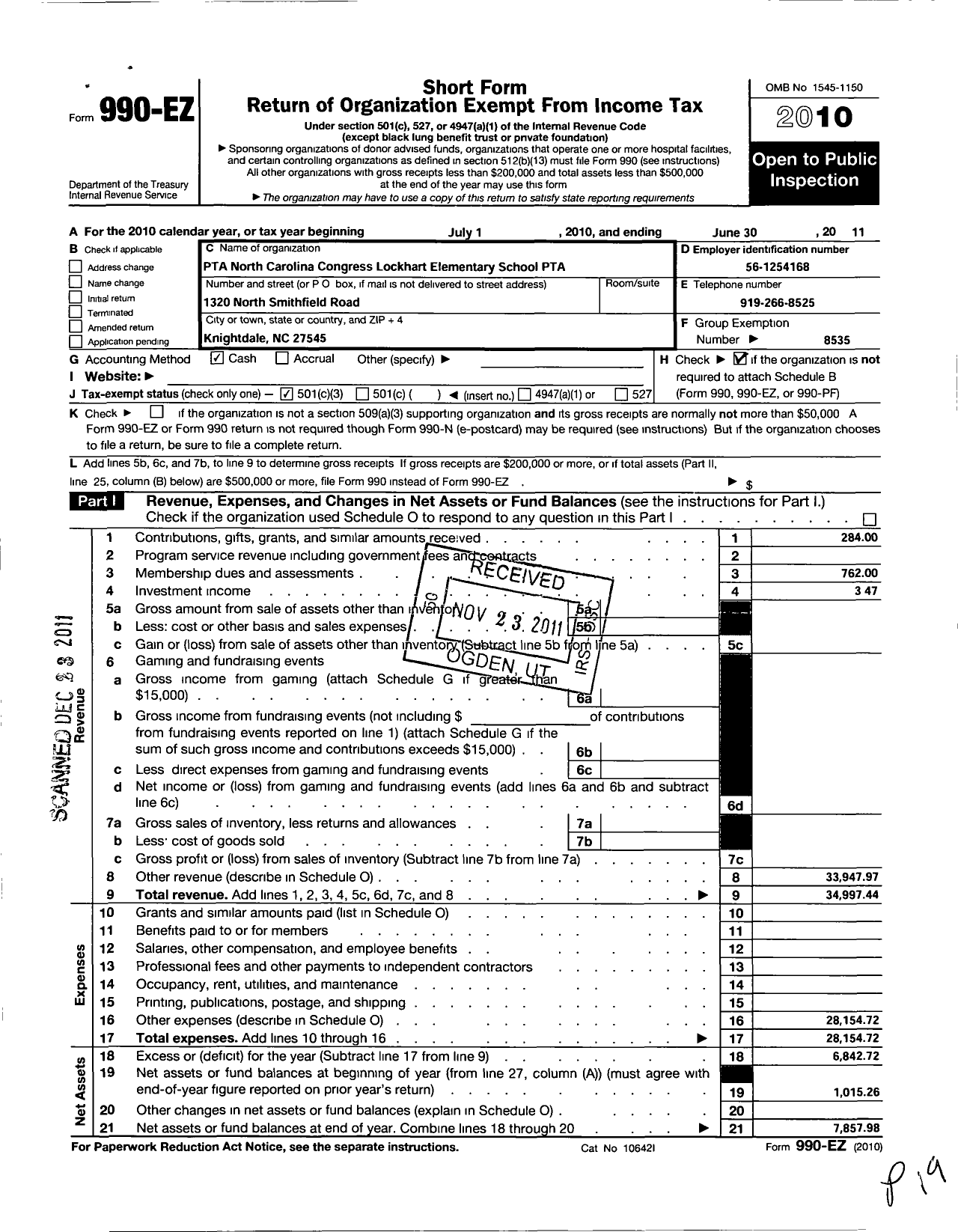 Image of first page of 2010 Form 990EZ for North Carolina PTA - Lockhart Elementary School PTA