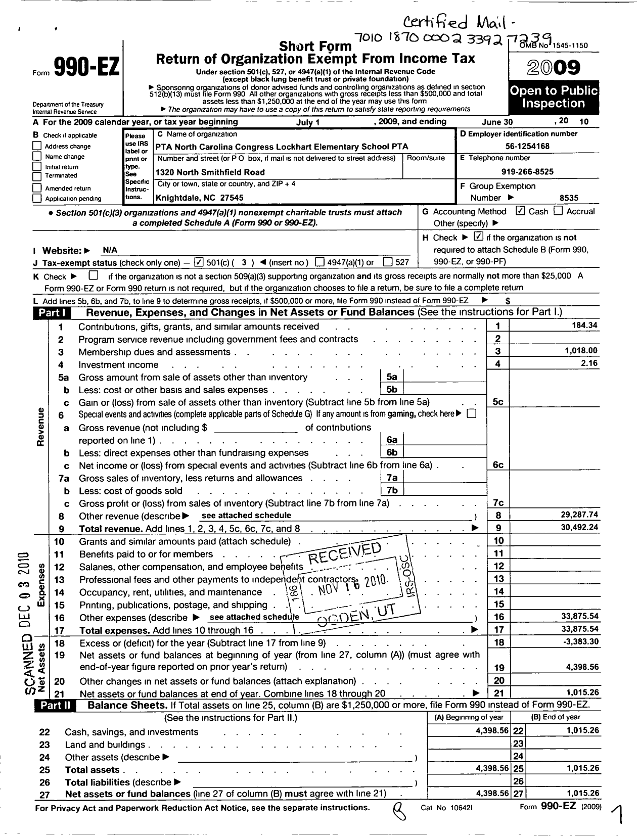 Image of first page of 2009 Form 990EZ for North Carolina PTA - Lockhart Elementary School PTA