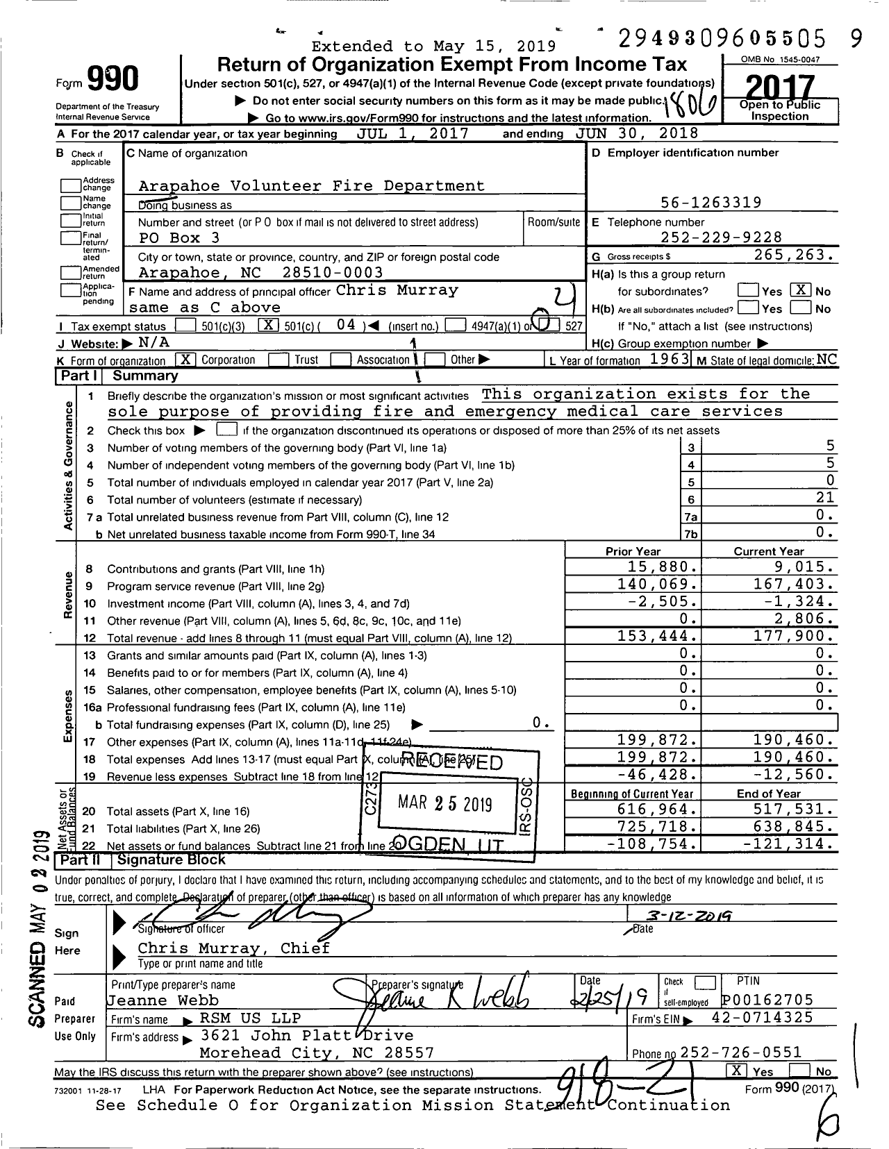 Image of first page of 2017 Form 990O for Arapahoe Volunteer Fire - Rescue
