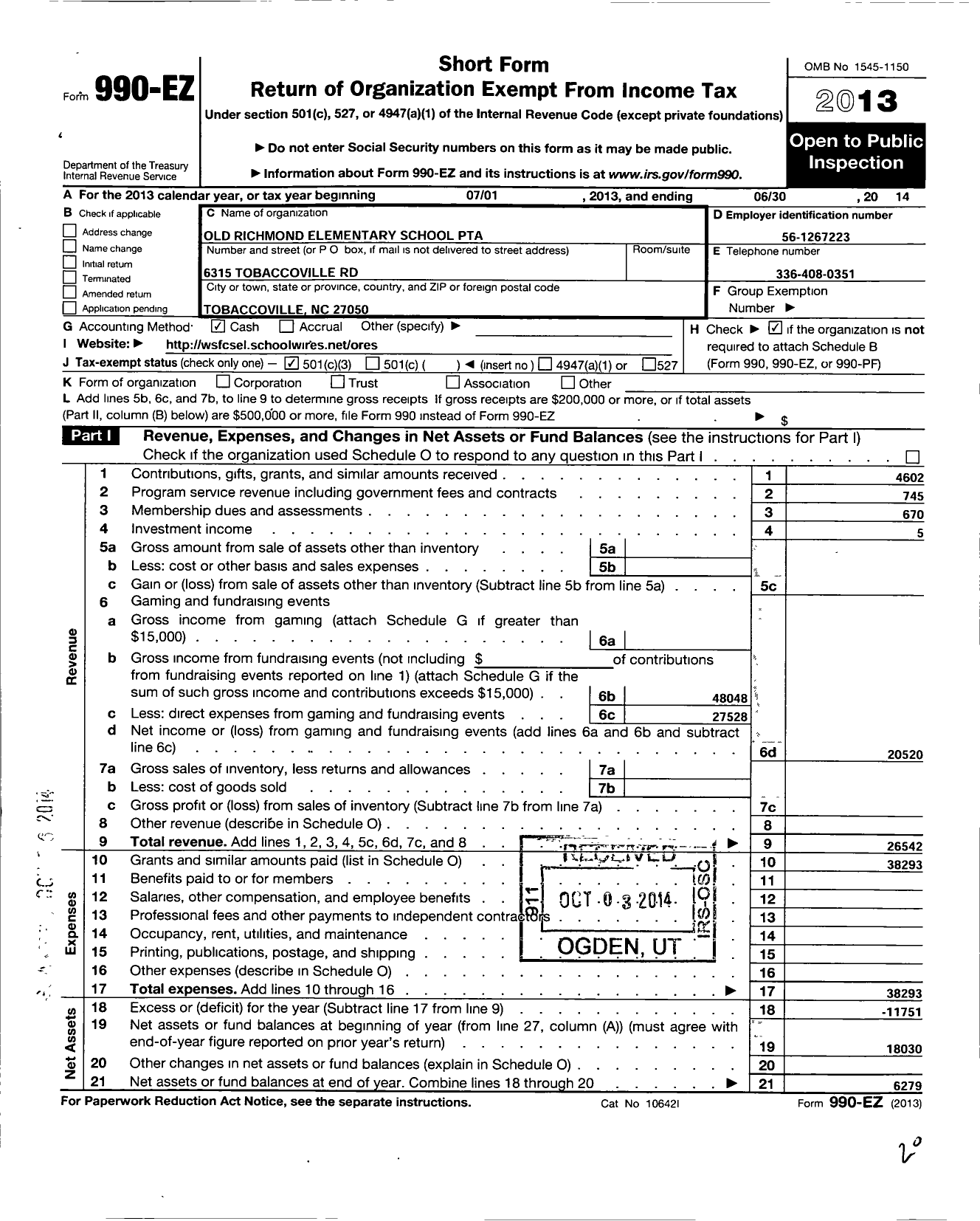 Image of first page of 2013 Form 990EZ for North Carolina PTA - Old Richmond Elem PTA