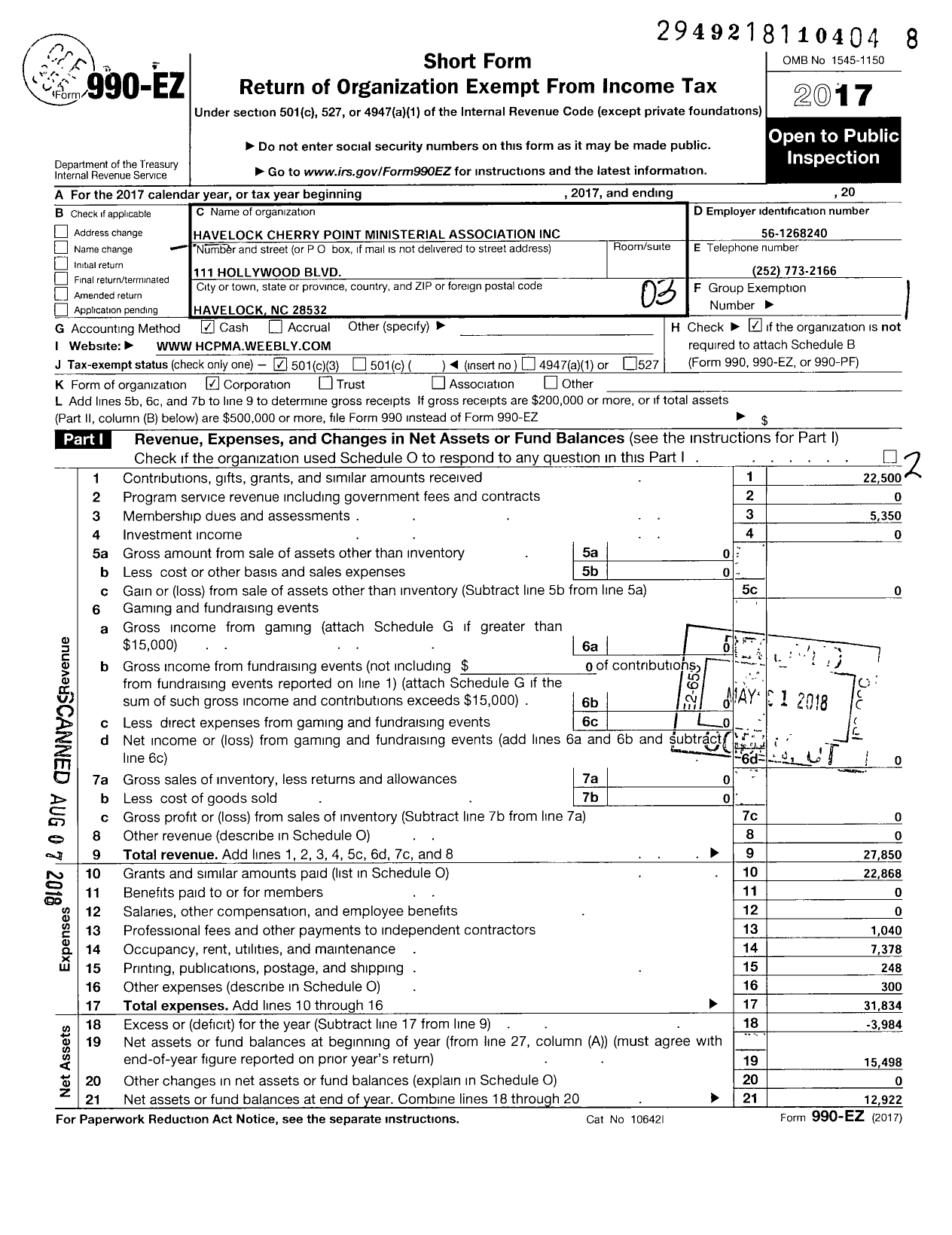 Image of first page of 2017 Form 990EZ for Havelock Cherry Point Ministerial Association (HCPMA)