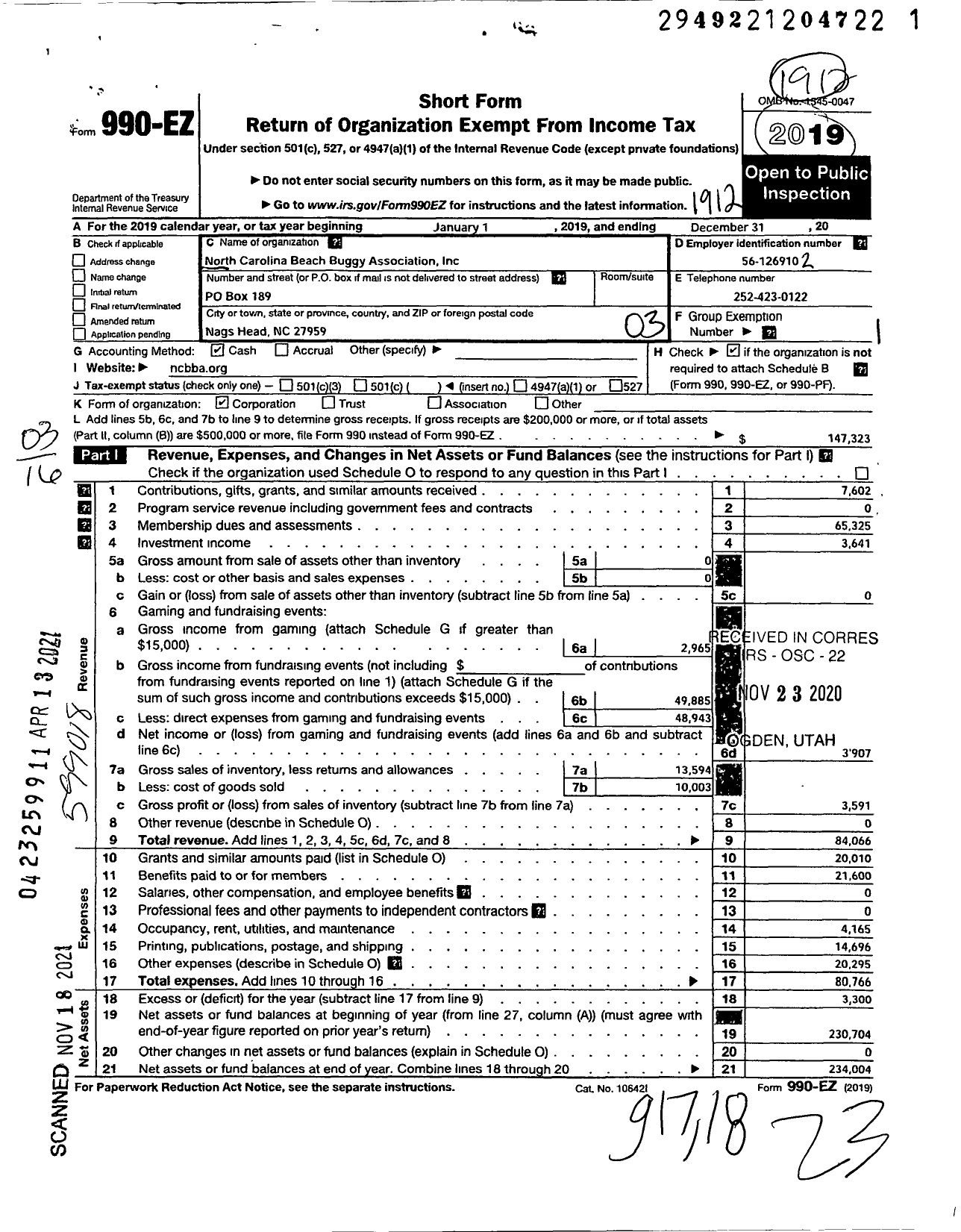 Image of first page of 2019 Form 990EZ for North Carolina Beach Buggy Association