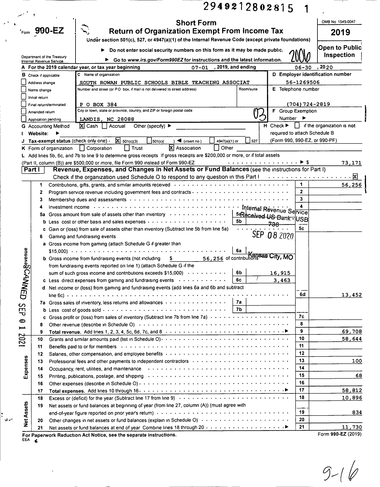 Image of first page of 2019 Form 990EZ for South Rowan Public Schools Bible Teaching