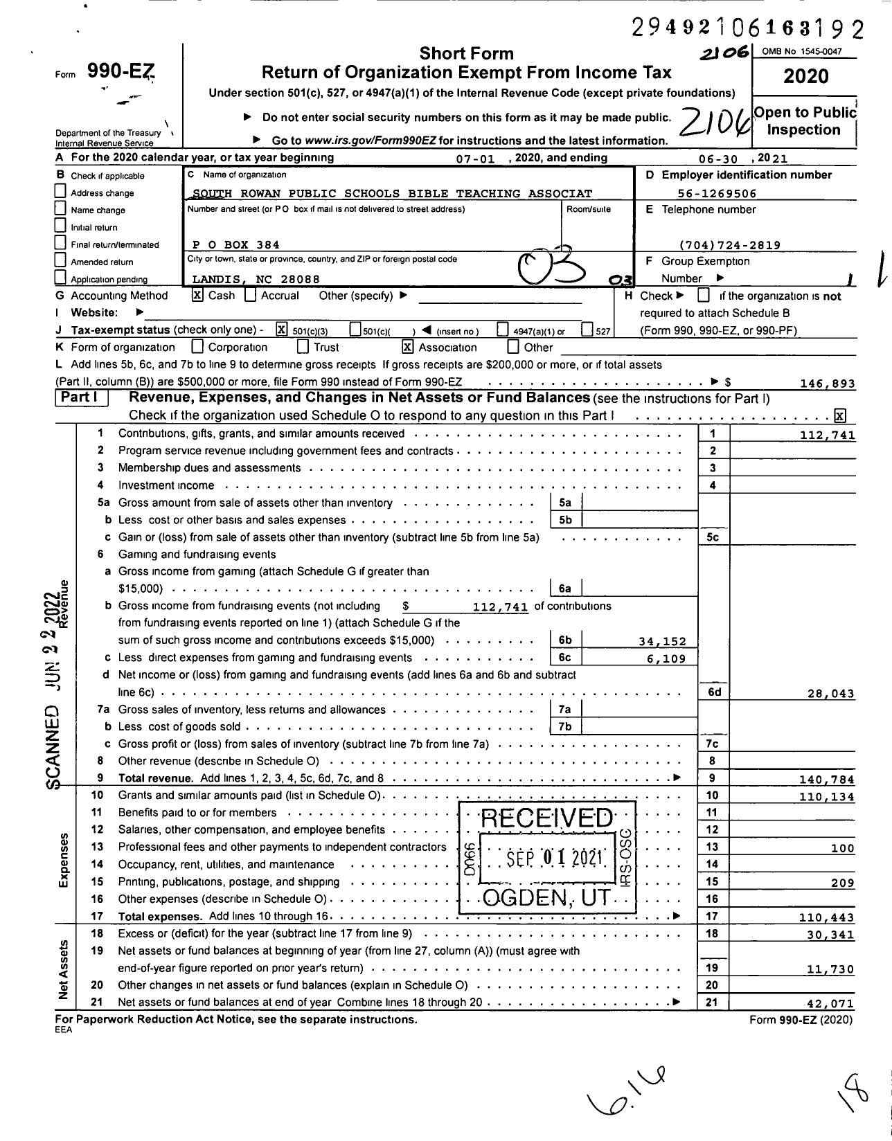 Image of first page of 2020 Form 990EZ for South Rowan Public Schools Bible Teaching