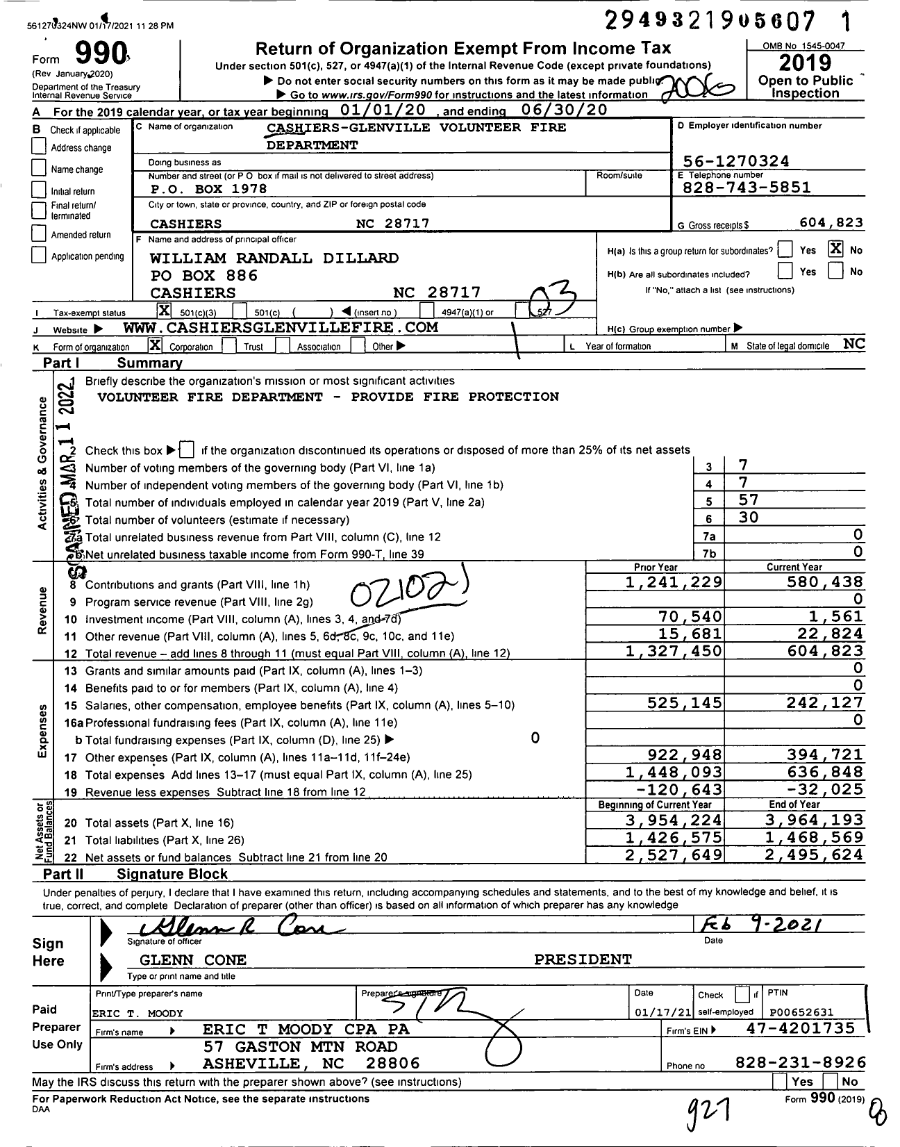 Image of first page of 2019 Form 990 for Cashiers-Glenville Volunteer Fire Department