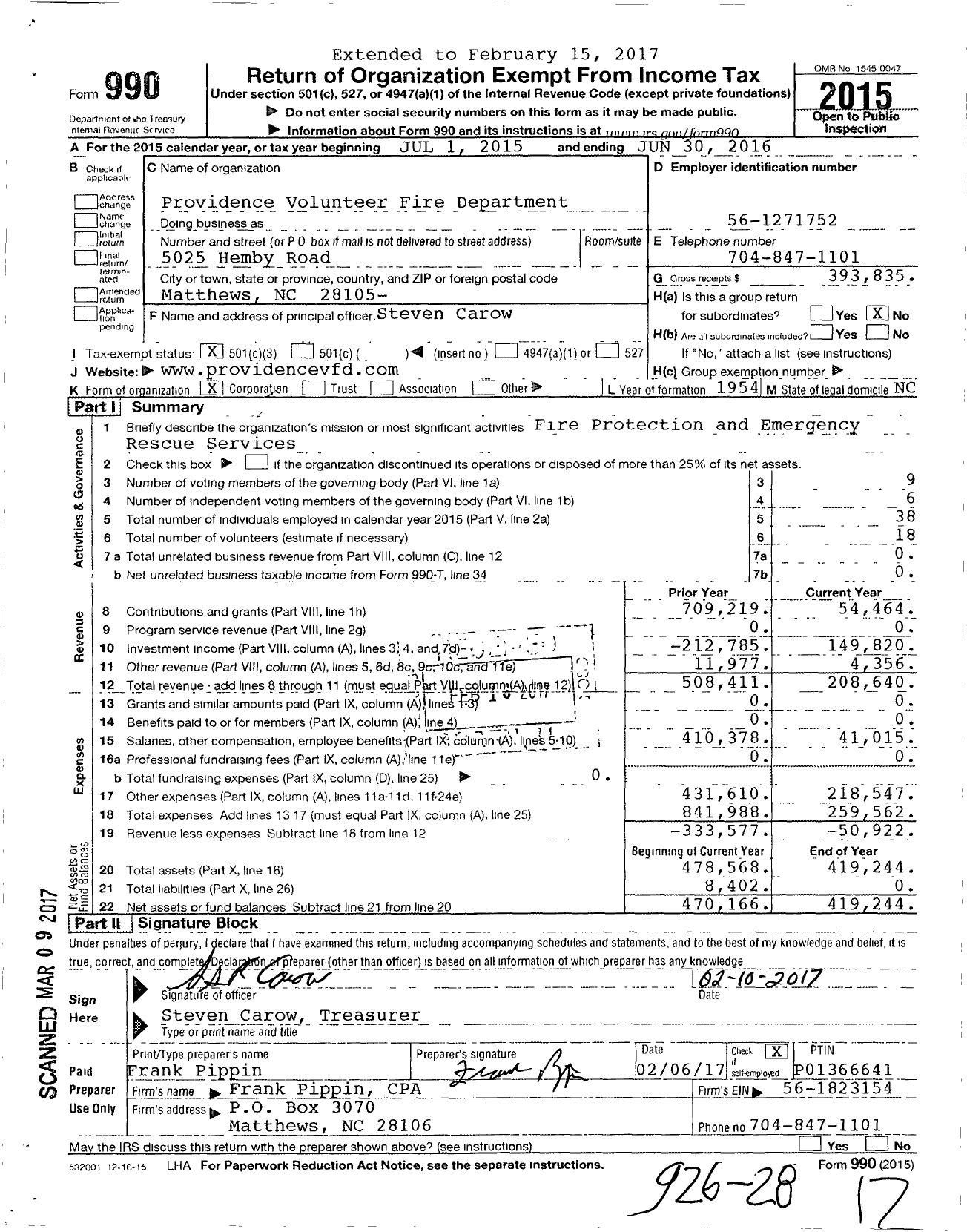 Image of first page of 2015 Form 990 for Providence Volunteer Fire Department