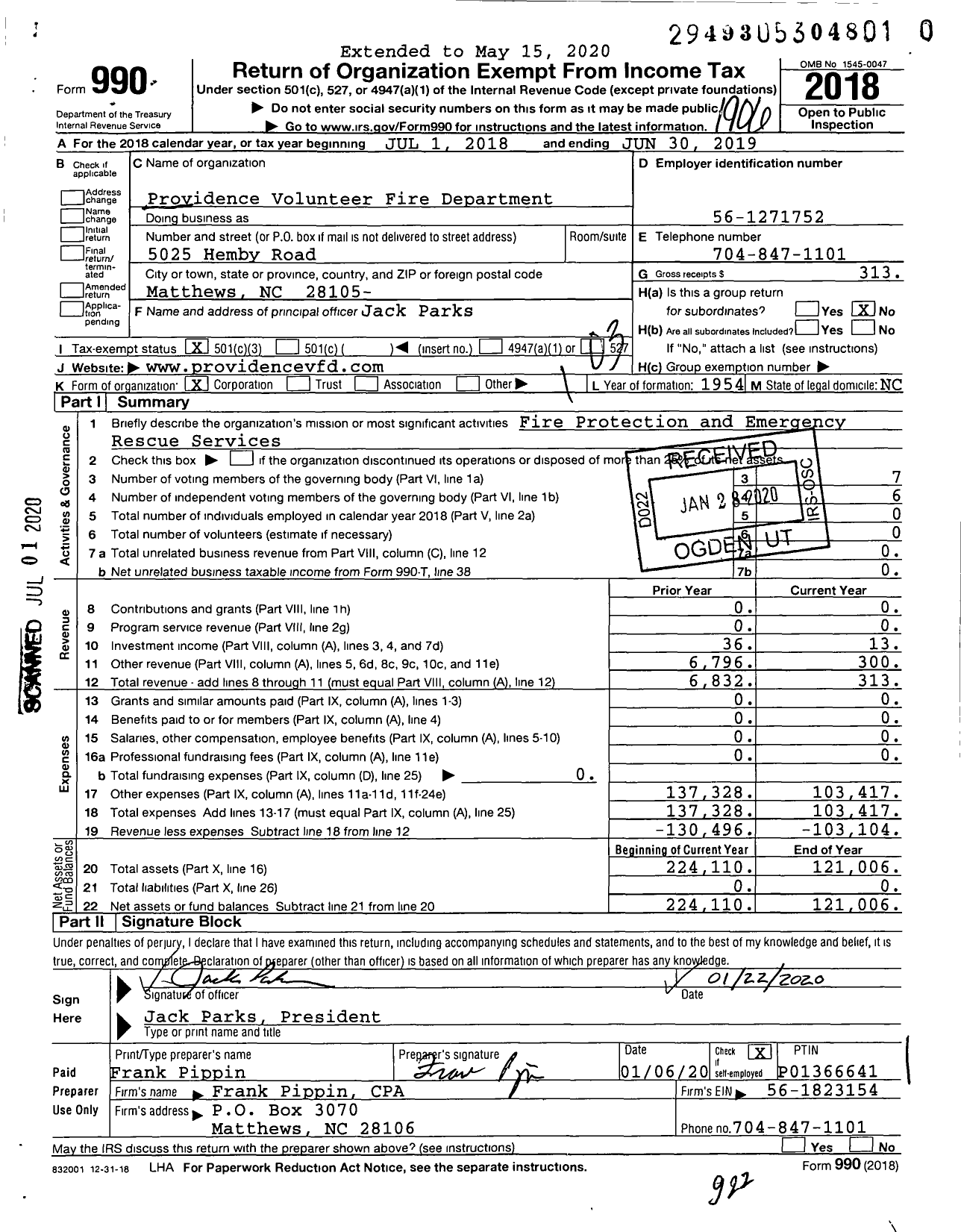 Image of first page of 2018 Form 990 for Providence Volunteer Fire Department