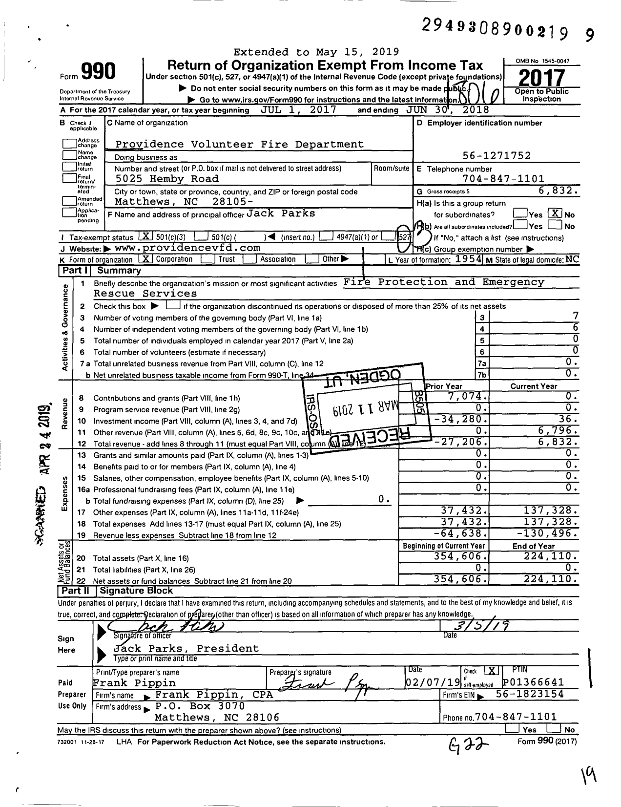 Image of first page of 2017 Form 990 for Providence Volunteer Fire Department