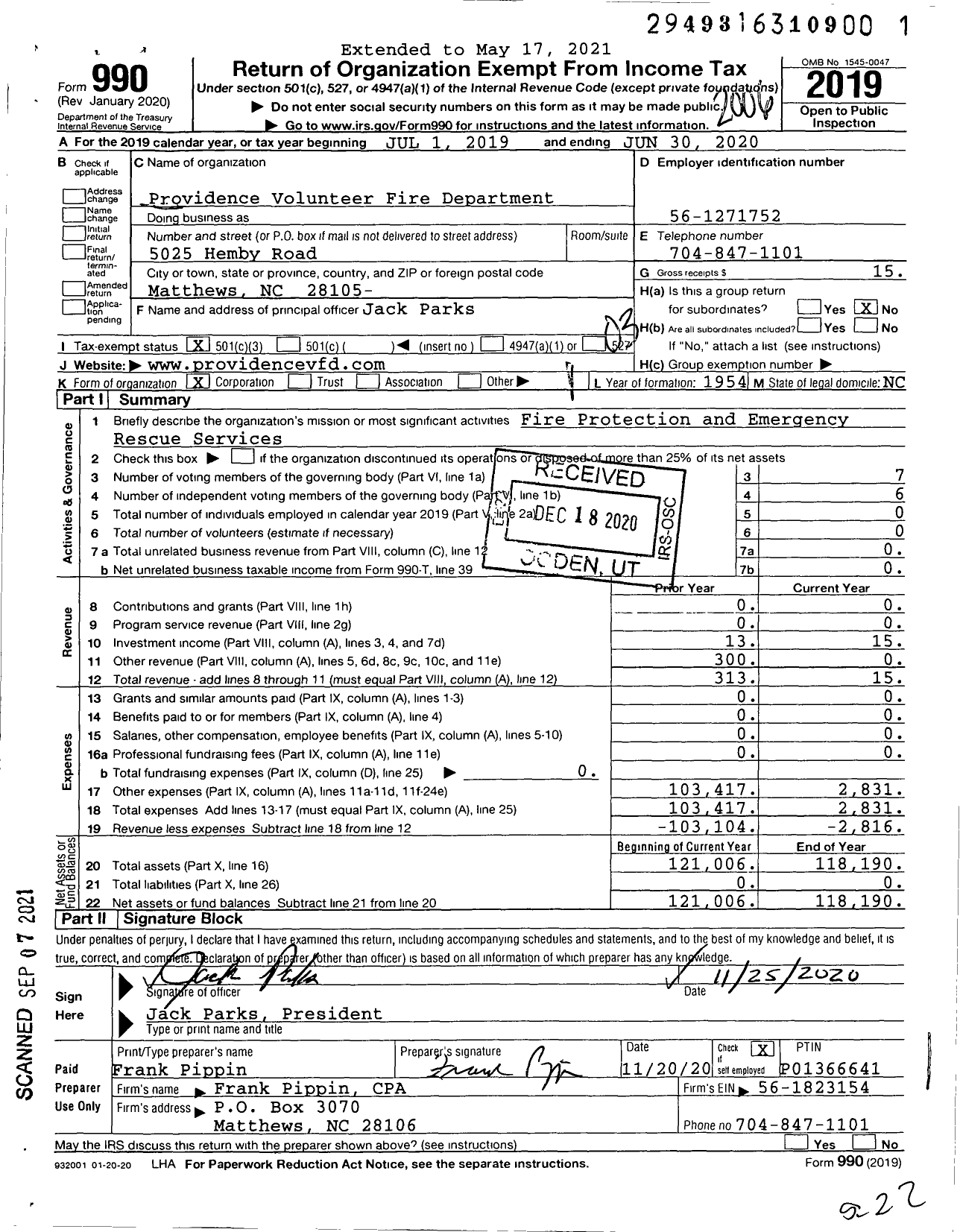 Image of first page of 2019 Form 990 for Providence Volunteer Fire Department