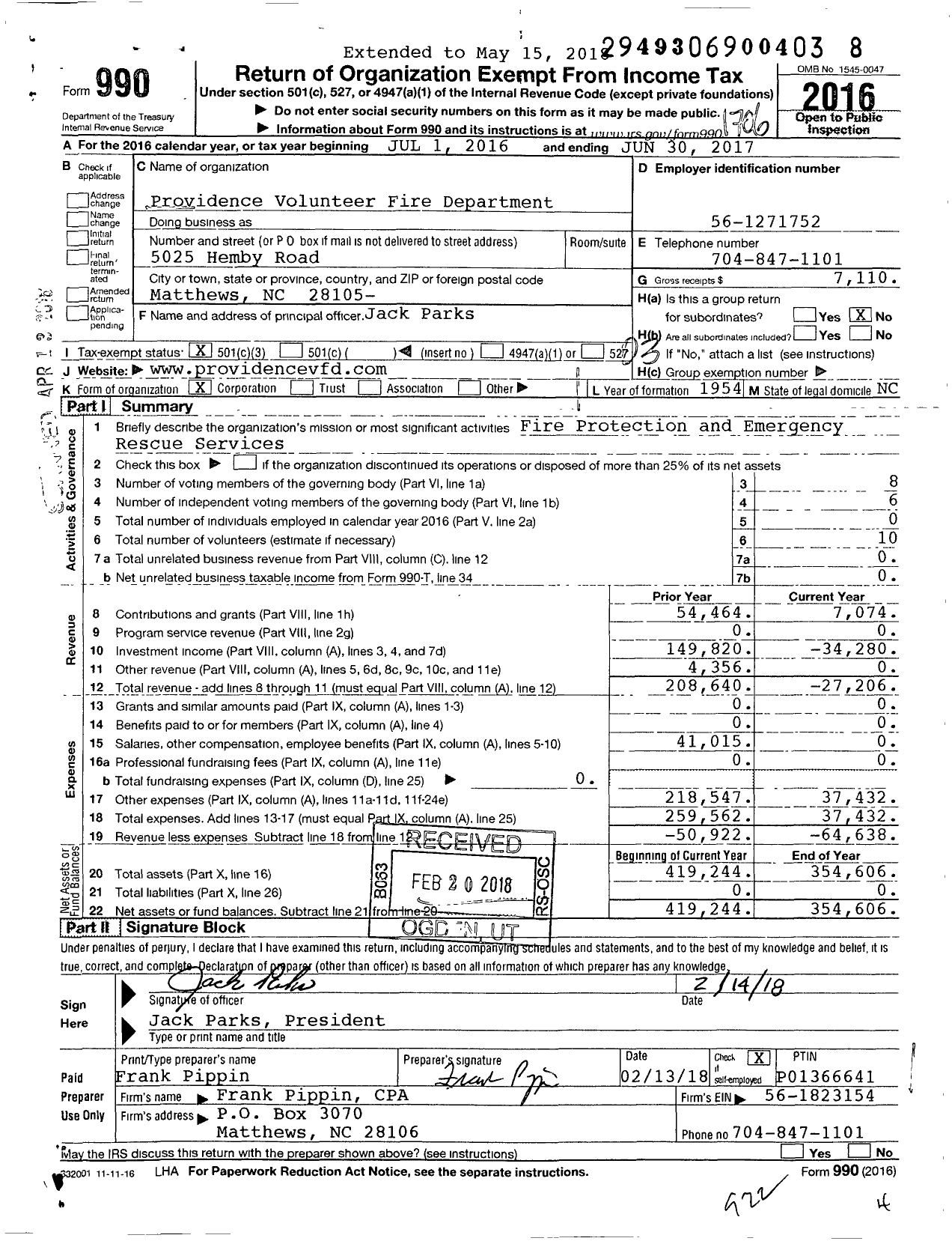 Image of first page of 2016 Form 990 for Providence Volunteer Fire Department