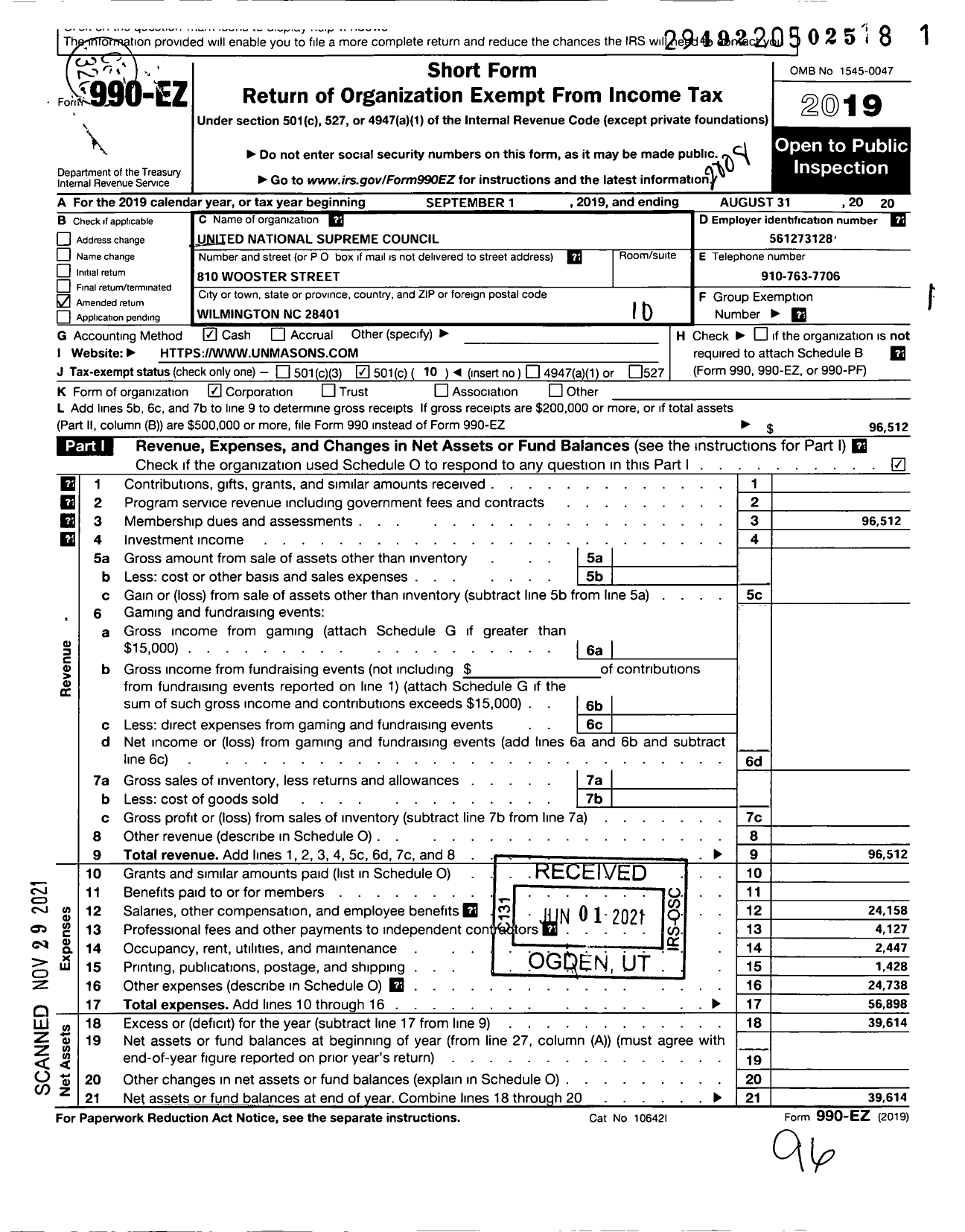 Image of first page of 2019 Form 990EO for United National Supreme Council