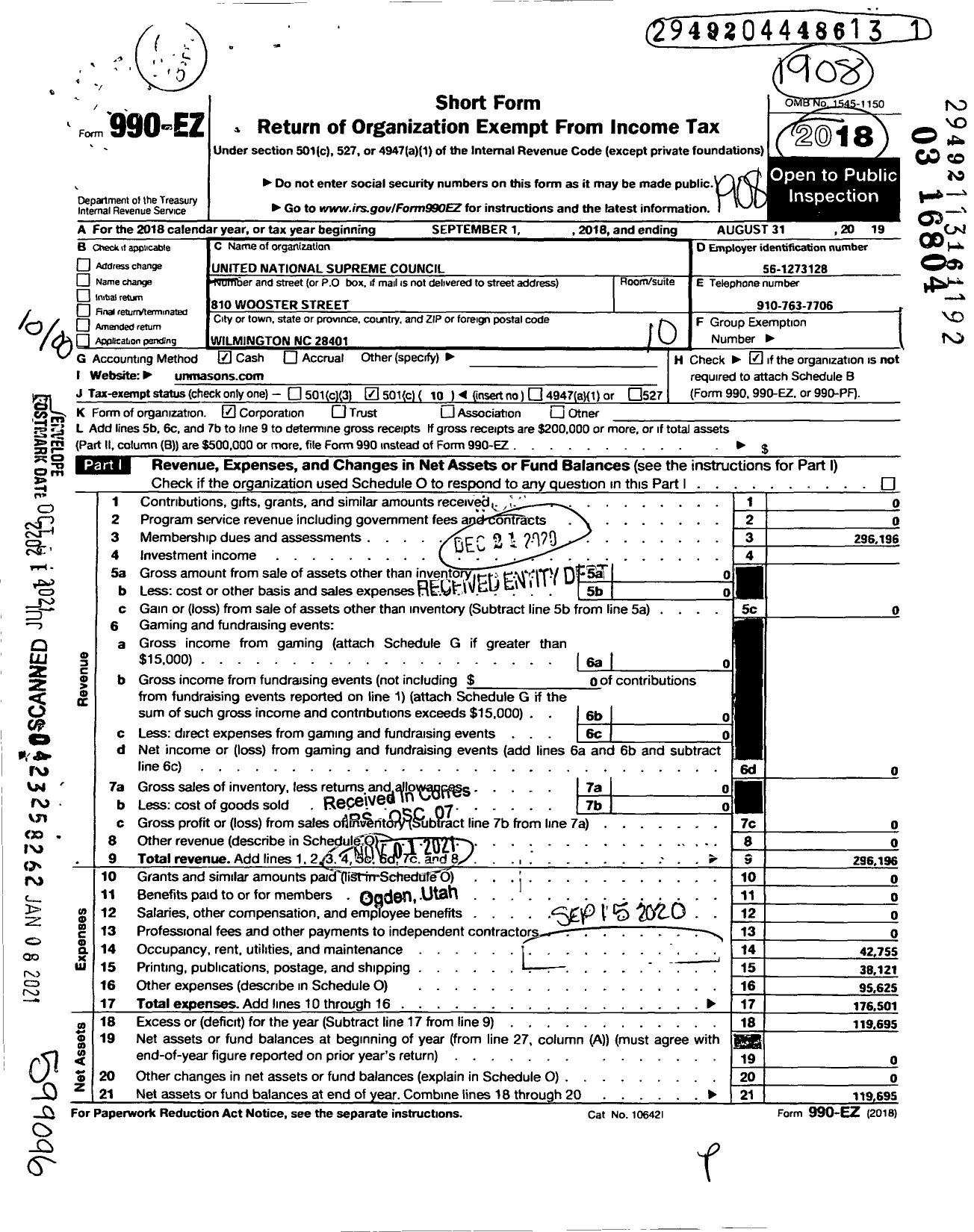 Image of first page of 2018 Form 990EO for United National Supreme Council