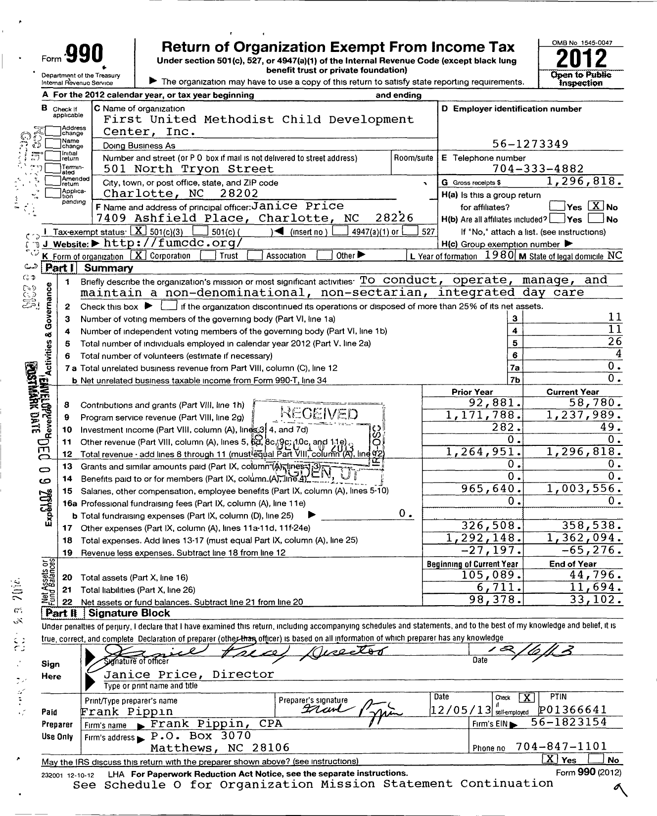 Image of first page of 2012 Form 990 for First United Methodist Child Development Center