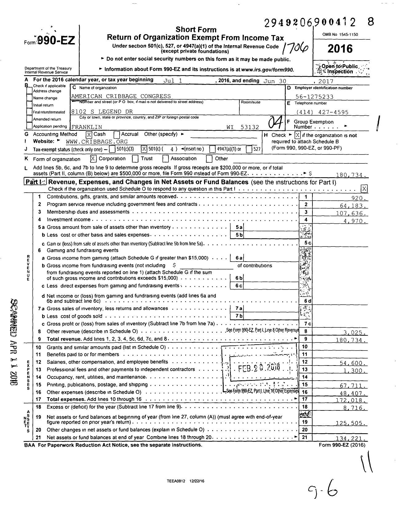 Image of first page of 2016 Form 990EO for American Cribbage Congress