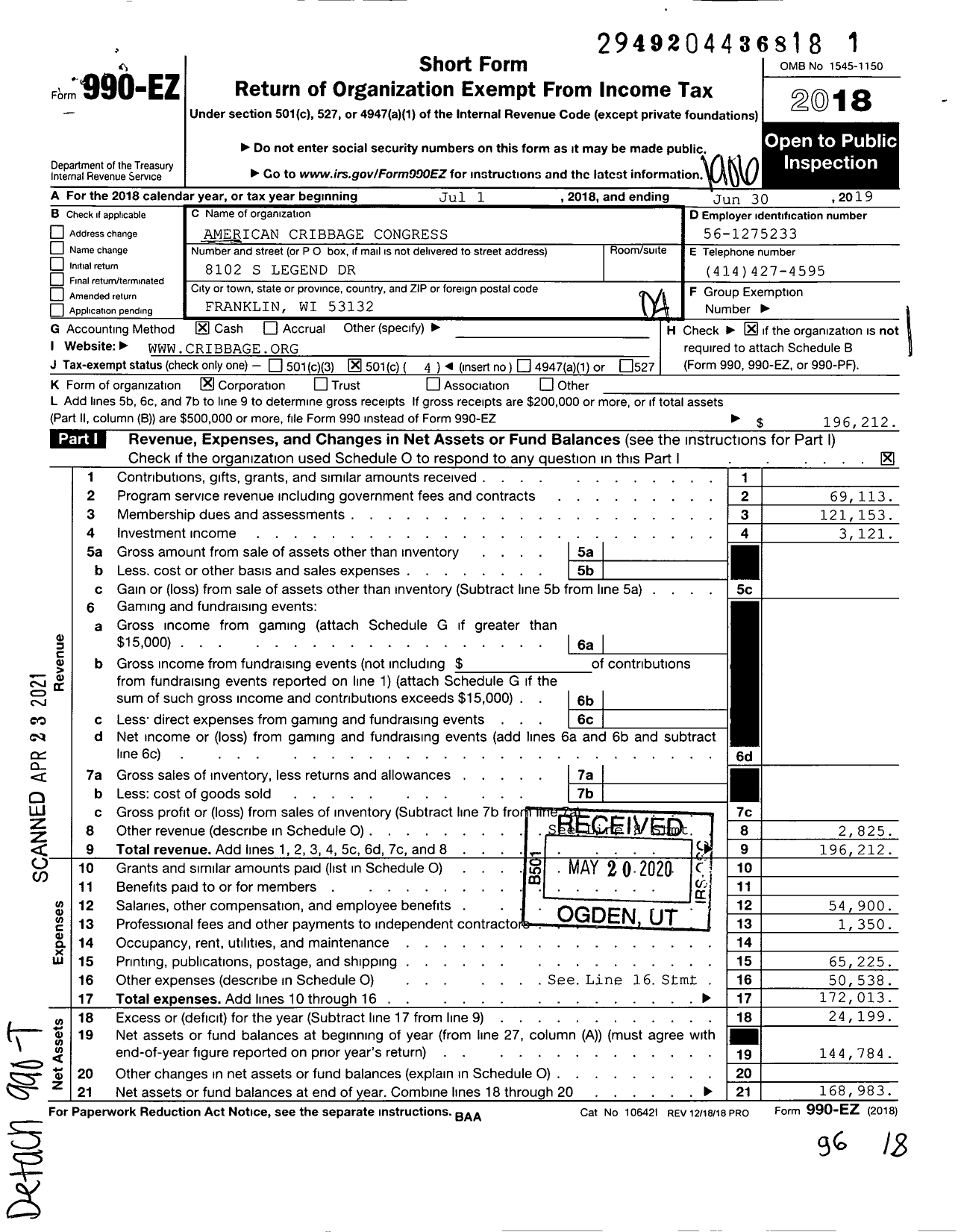 Image of first page of 2018 Form 990EO for American Cribbage Congress