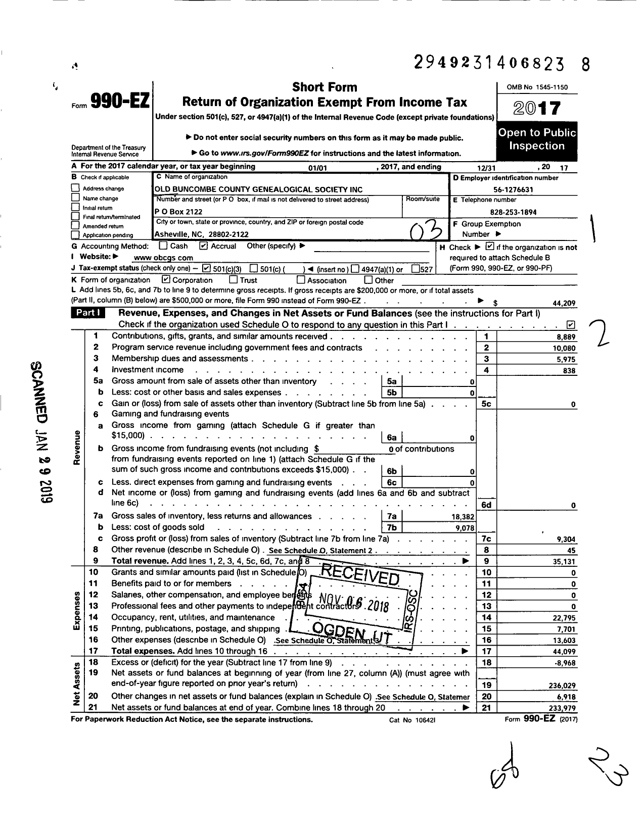 Image of first page of 2017 Form 990EZ for Old Buncombe Cty Genealogical Society