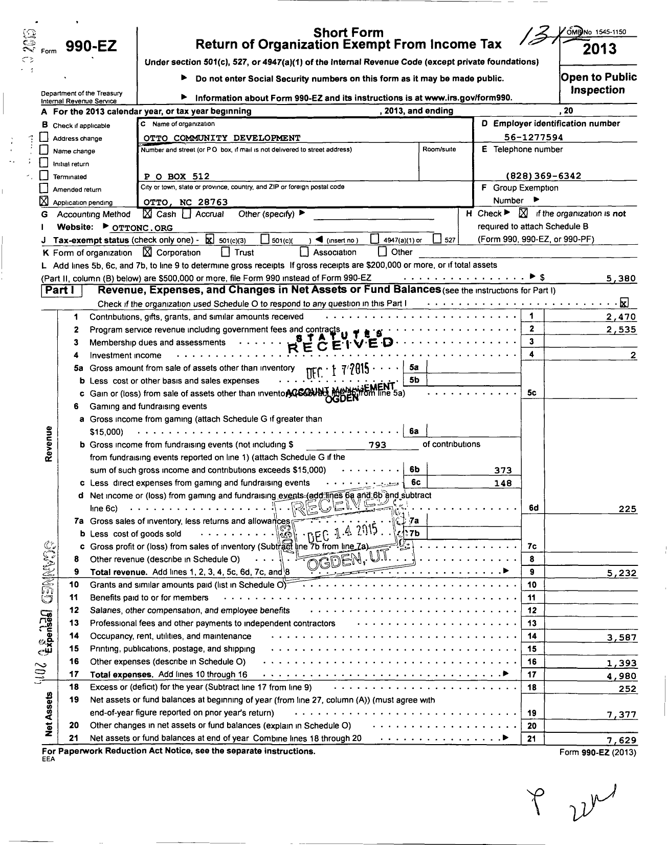 Image of first page of 2013 Form 990EZ for Otto Community Developmentorganization