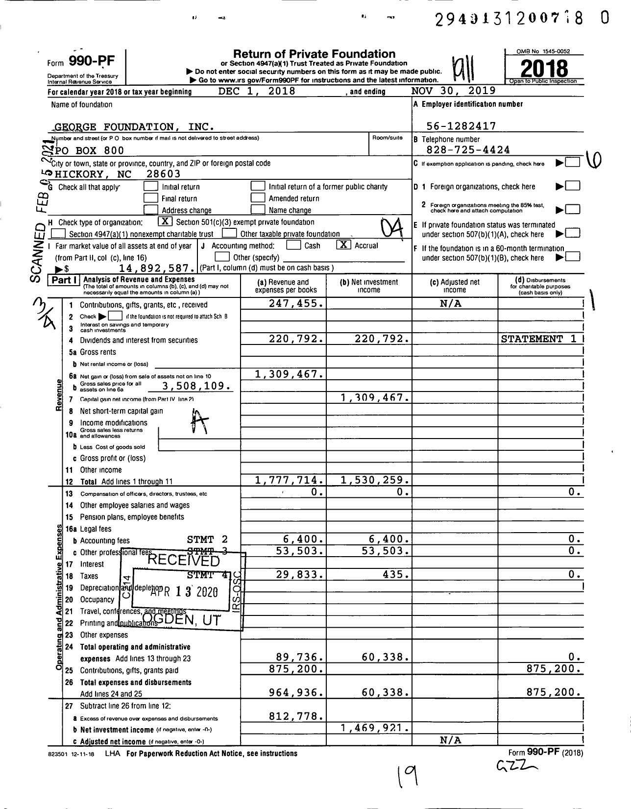 Image of first page of 2018 Form 990PF for George Foundation
