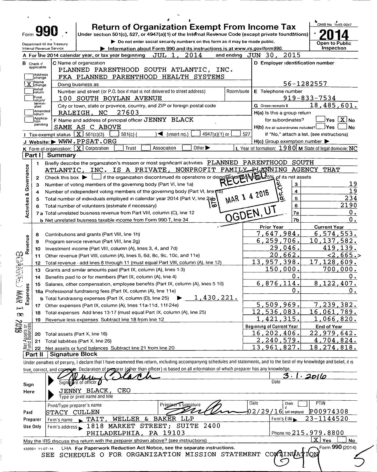 Image of first page of 2014 Form 990 for Planned Parenthood South Atlantic