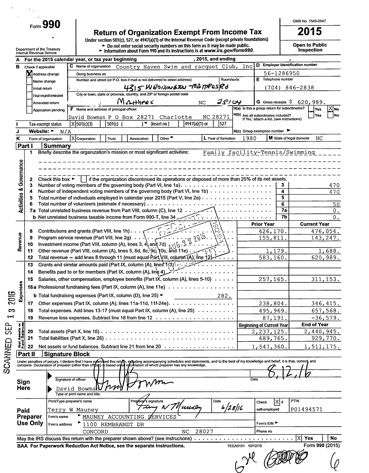 Image of first page of 2015 Form 990 for Weddington Swim and Racquet Club