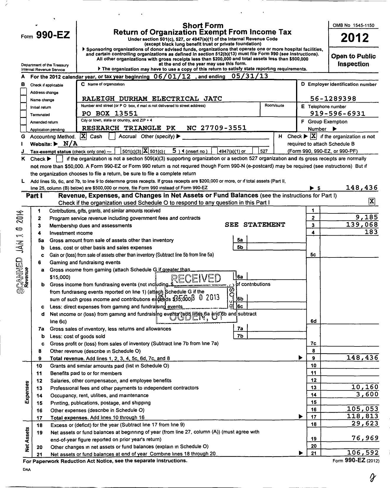 Image of first page of 2012 Form 990EO for Raleigh Durham Electrical Jatc