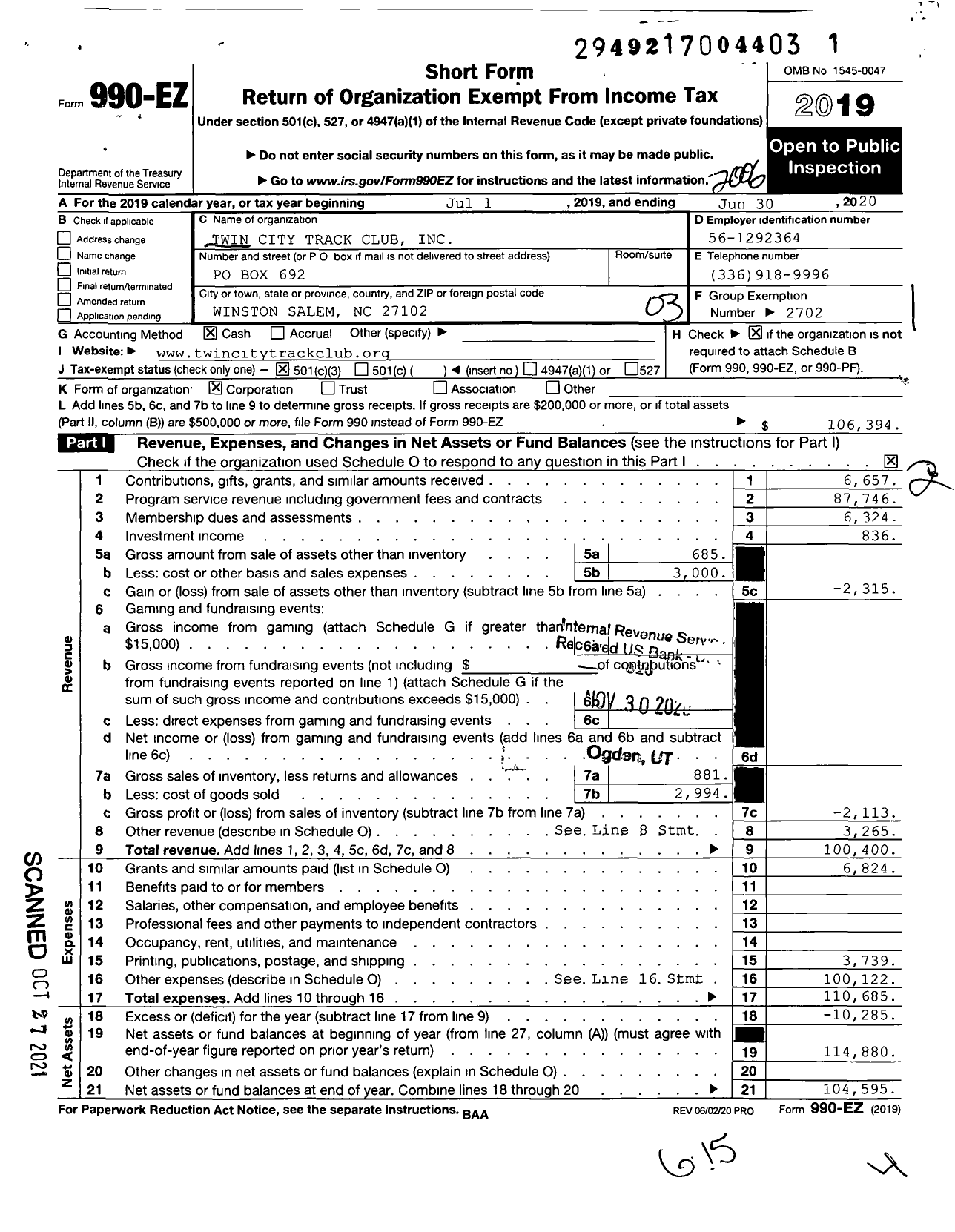 Image of first page of 2019 Form 990EZ for Twin City Track Club