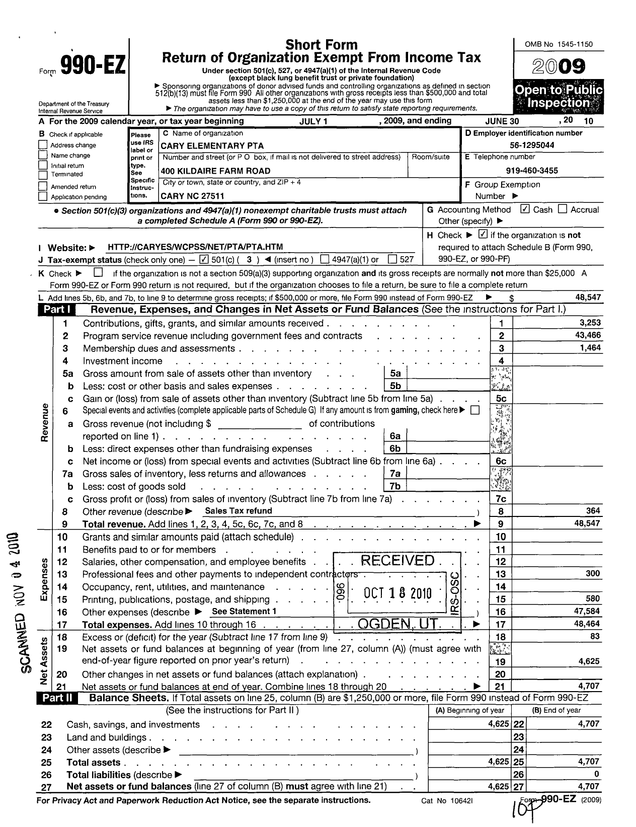 Image of first page of 2009 Form 990EZ for North Carolina PTA - Cary Elementary PTA