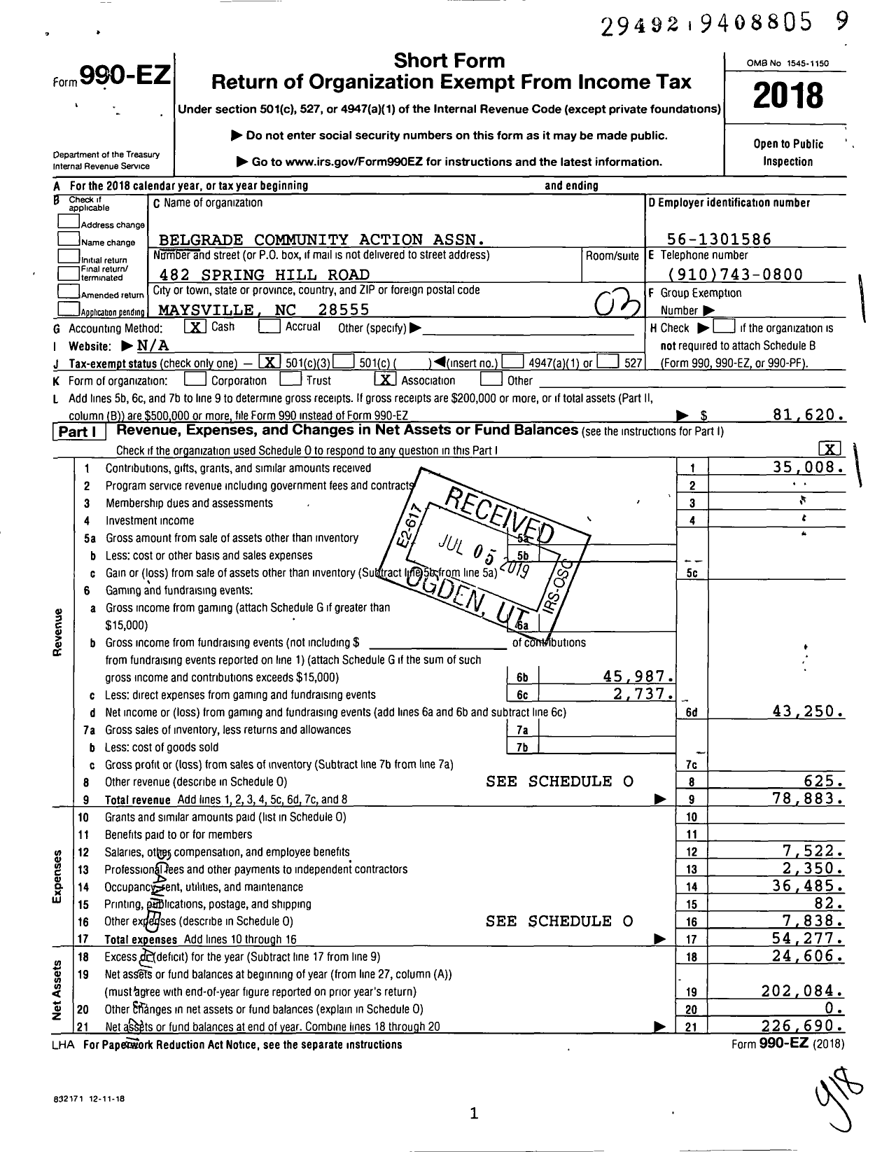 Image of first page of 2018 Form 990EZ for Belgrade Community Action Association