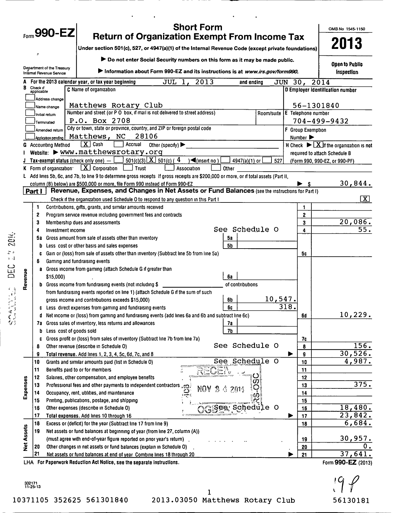 Image of first page of 2013 Form 990EO for Rotary International - Matthews Rotary Club